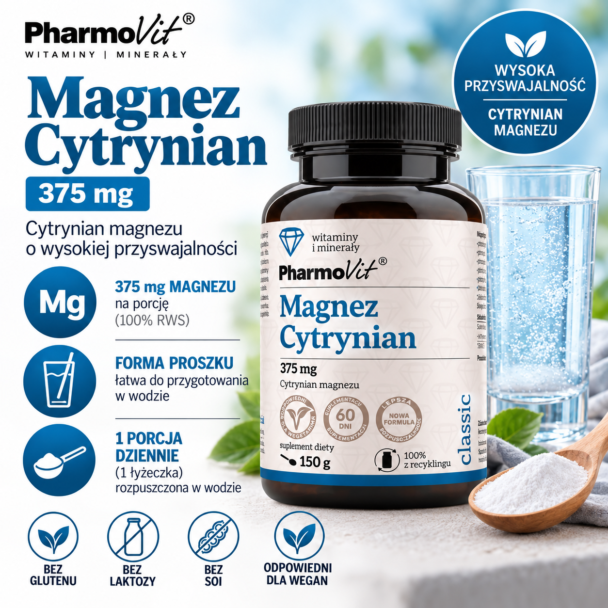 PharmoVit Magnez Cytrynian 375 mg – suplement diety w proszku, 150 g, zawierający 375 mg magnezu (100% RWS) w porcji dziennej.