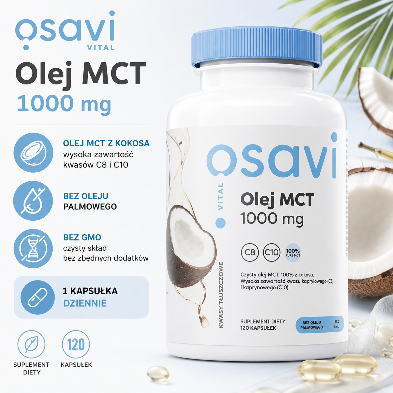 Olej MCT 1000 mg – suplement diety, 120 kapsułek, zawierający olej MCT z kokosa o wysokiej zawartości kwasów kaprylowego C8 i kaprynowego C10.