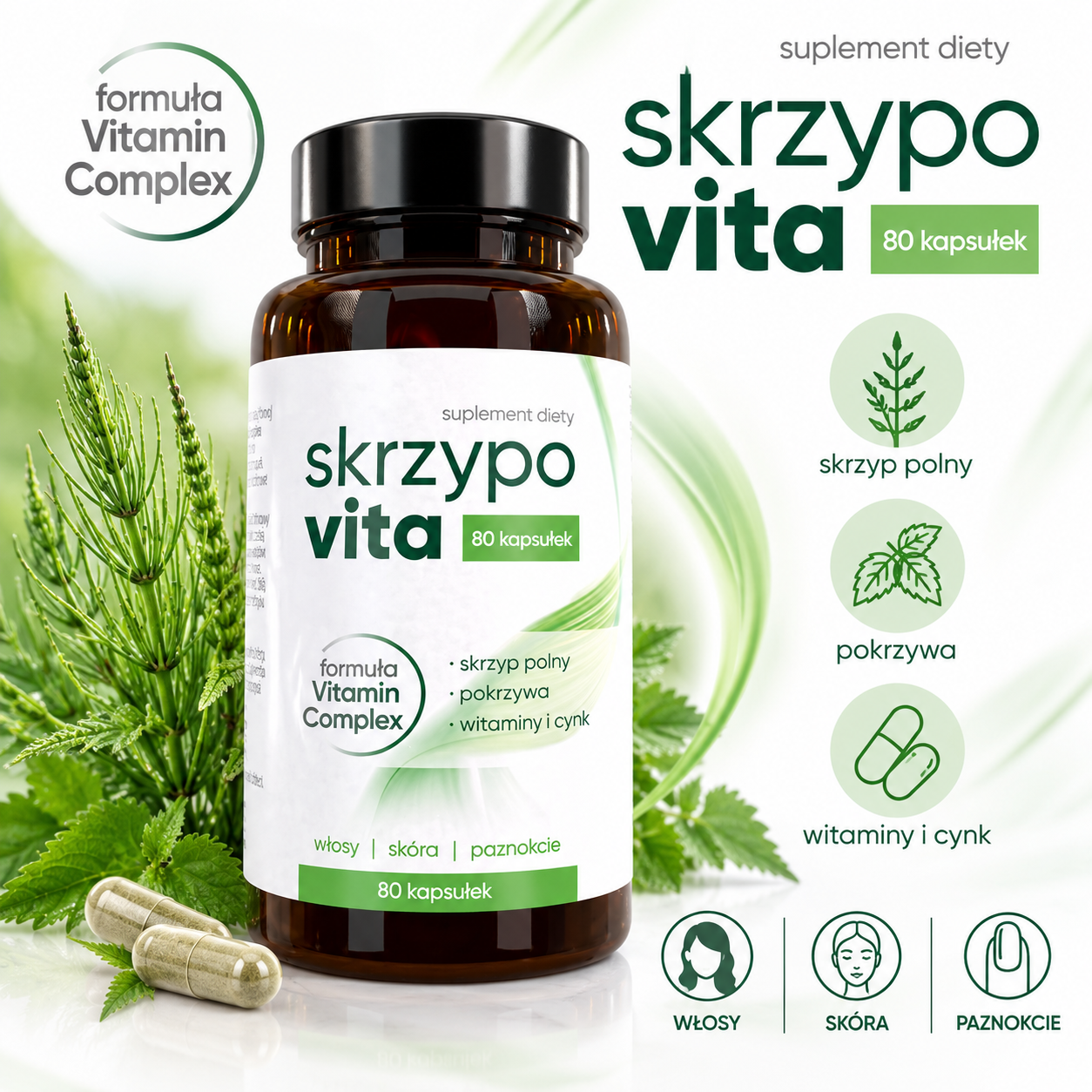 Skrzypovita – suplement diety, 80 kapsułek, ze skrzypem polnym, pokrzywą, witaminami i cynkiem.