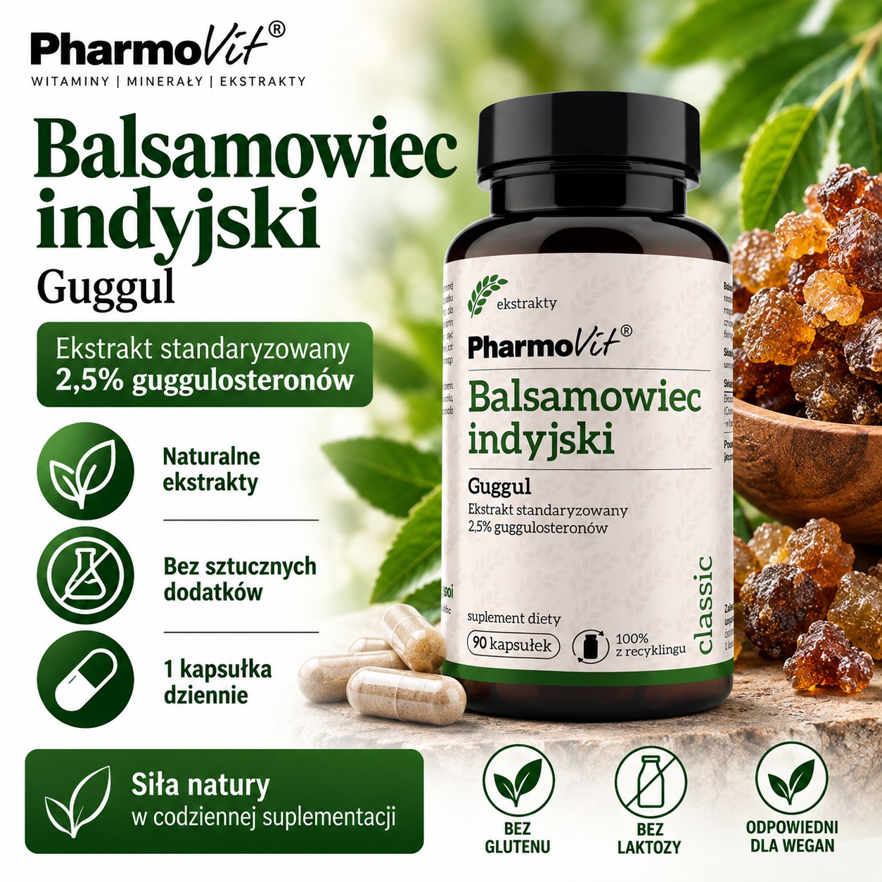 PharmoVit Balsamowiec indyjski Guggul – suplement diety, 90 kapsułek, zawierający ekstrakt z żywicy standaryzowany na 2,5% guggulosteronów.