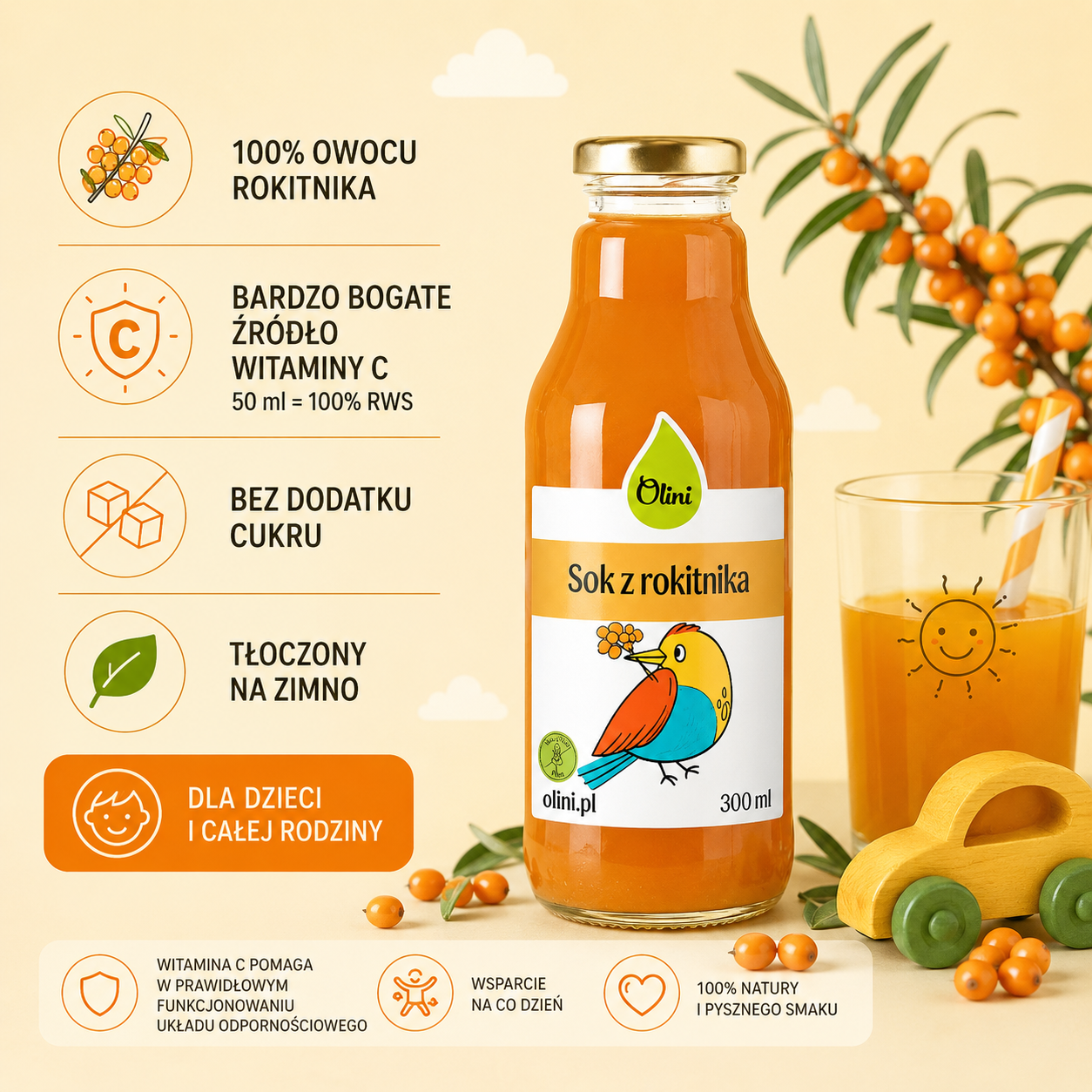 Sok z rokitnika Olini dla dzieci 300 ml – 100% owocu rokitnika, bez dodatku cukru, bardzo bogate źródło witaminy C; 50 ml dostarcza 100% RWS.