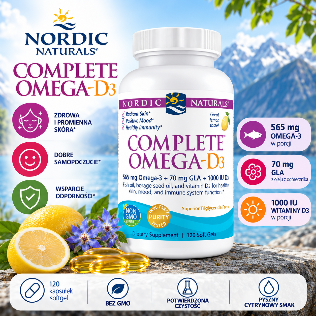 Nordic Naturals Complete Omega-D3 – suplement diety, 120 kapsułek softgel, zawierający 565 mg omega-3, 70 mg GLA oraz 1000 IU witaminy D3.
