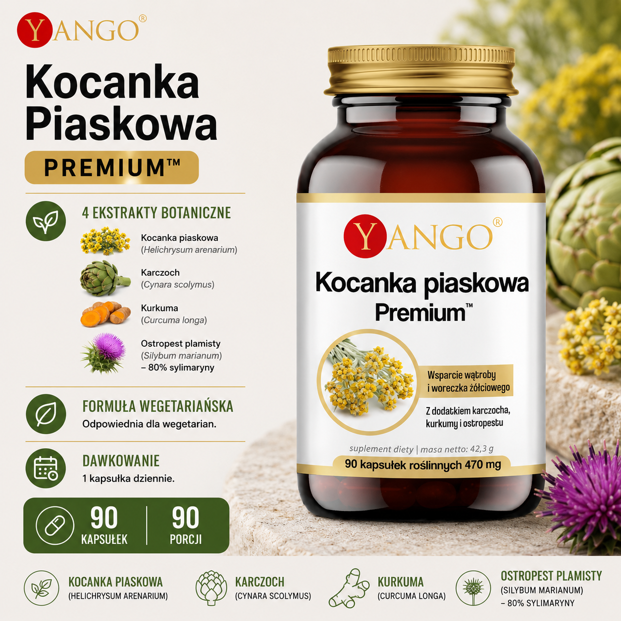 Opakowanie suplementu diety Yango "Kocanka Piaskowa Premium" z 90 kapsułkami. Zawiera 4 ekstrakty botaniczne. Odpowiedni dla wegetarian.