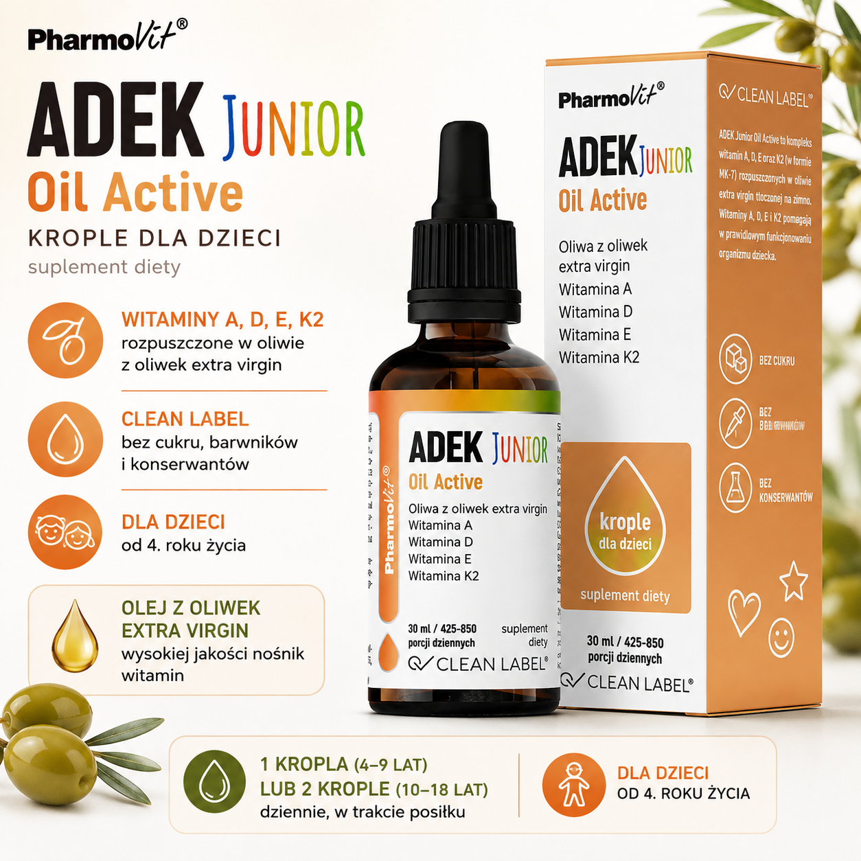 PharmoVit ADEK Junior Oil Active – suplement diety w kroplach 30 ml dla dzieci od 4. roku życia, z witaminami A, D, E i K2 w oliwie z oliwek extra virgin.
