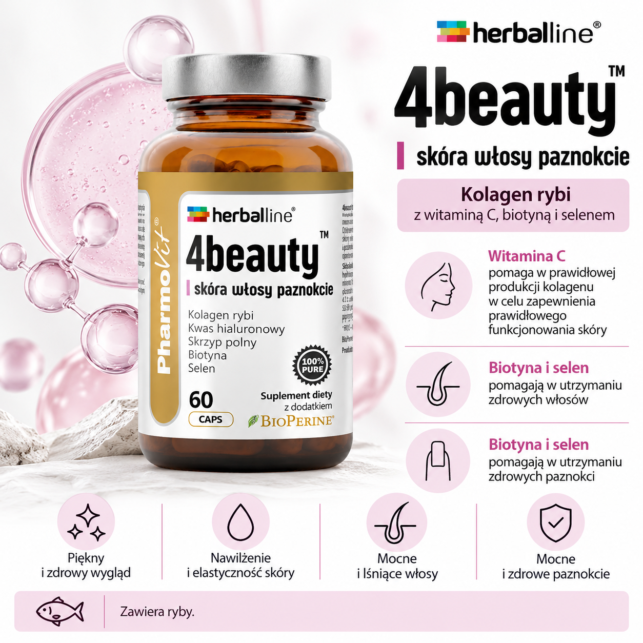 PharmoVit Herballine 4Beauty – suplement diety, 60 kapsułek, zawierający kolagen rybi, kwas hialuronowy, skrzyp polny, biotynę i selen.
