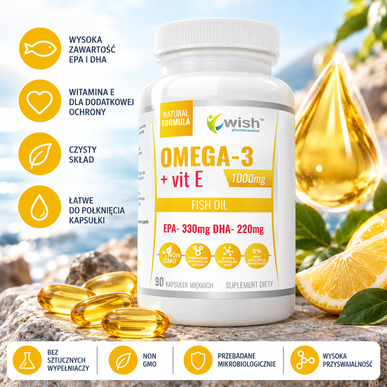 Wish Omega-3 + Witamina E 1000 mg – suplement diety, 90 kapsułek miękkich, zawierający olej rybi, EPA 330 mg i DHA 220 mg.