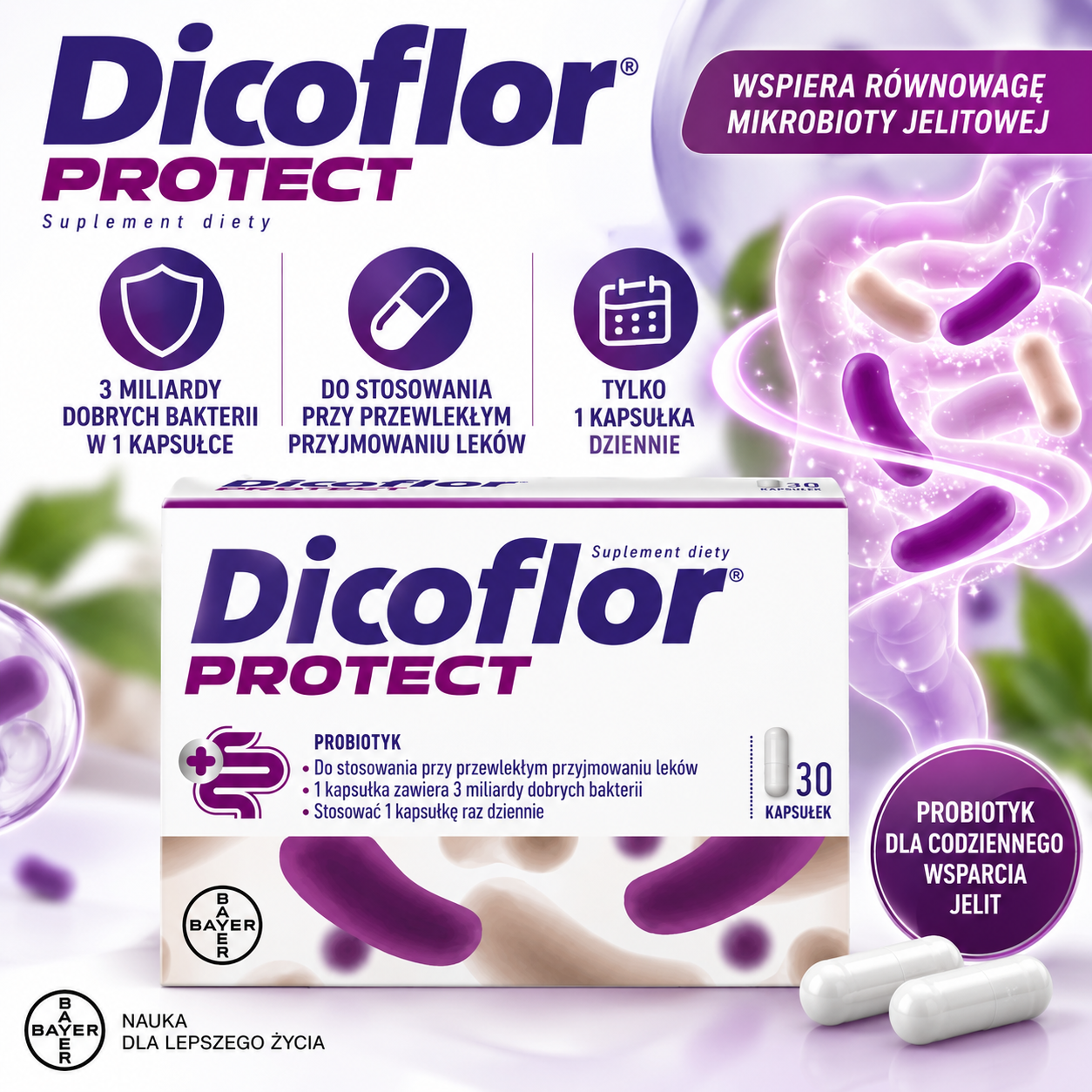 Dicoflor Protect – suplement diety, probiotyk, 30 kapsułek, zawierający 3 miliardy bakterii Lactobacillus rhamnosus GG w jednej kapsułce.