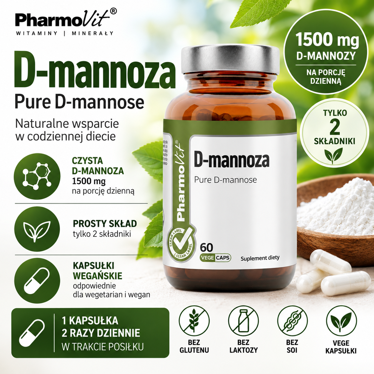 PharmoVit D-mannoza – suplement diety, 60 kapsułek wegańskich, zawierający 1500 mg czystej D-mannozy w porcji dziennej, o prostym składzie.