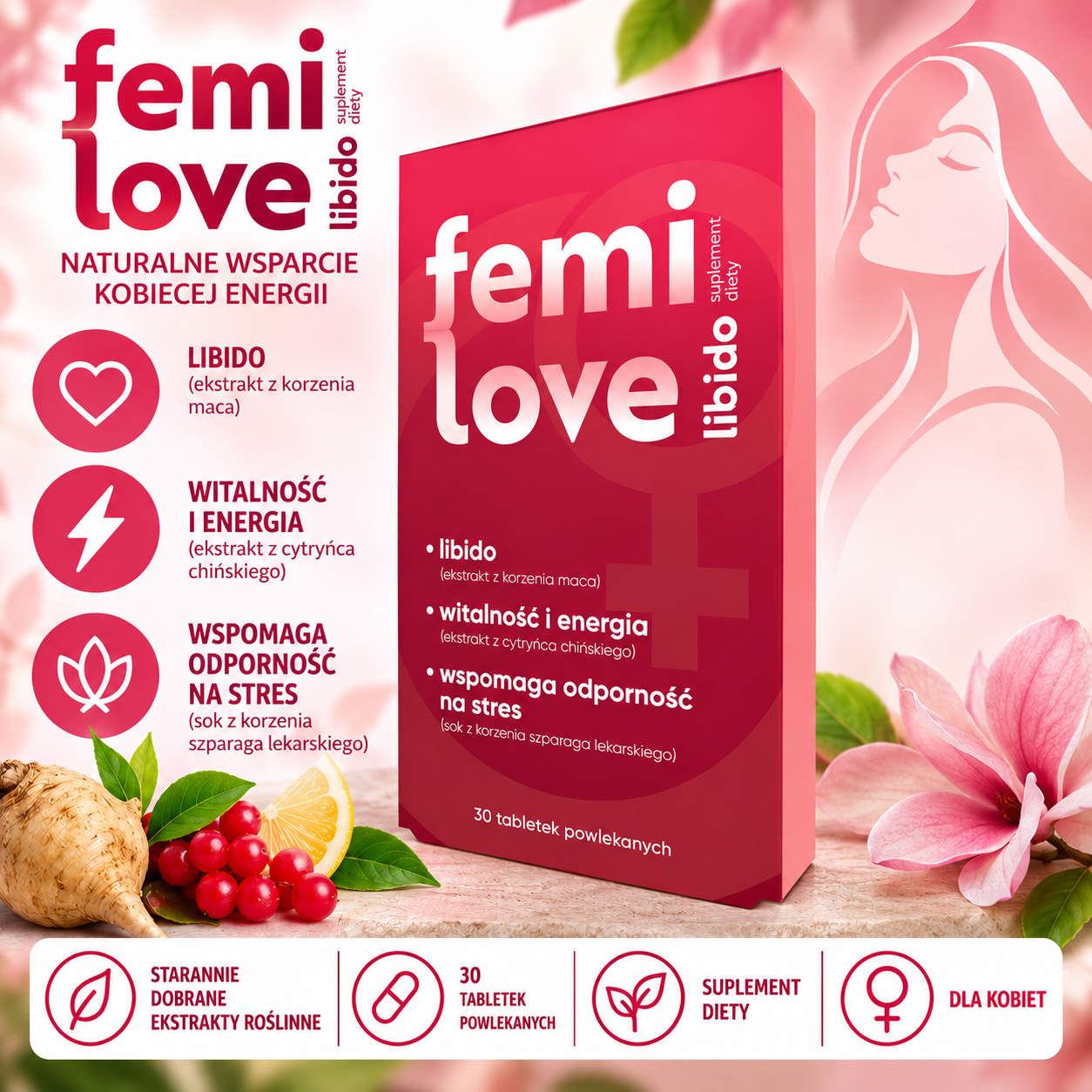 Femi Love Libido – suplement diety dla kobiet, 30 tabletek powlekanych, zawierający ekstrakt z korzenia maca, cytryńca chińskiego i sok z korzenia szparaga lekarskiego.