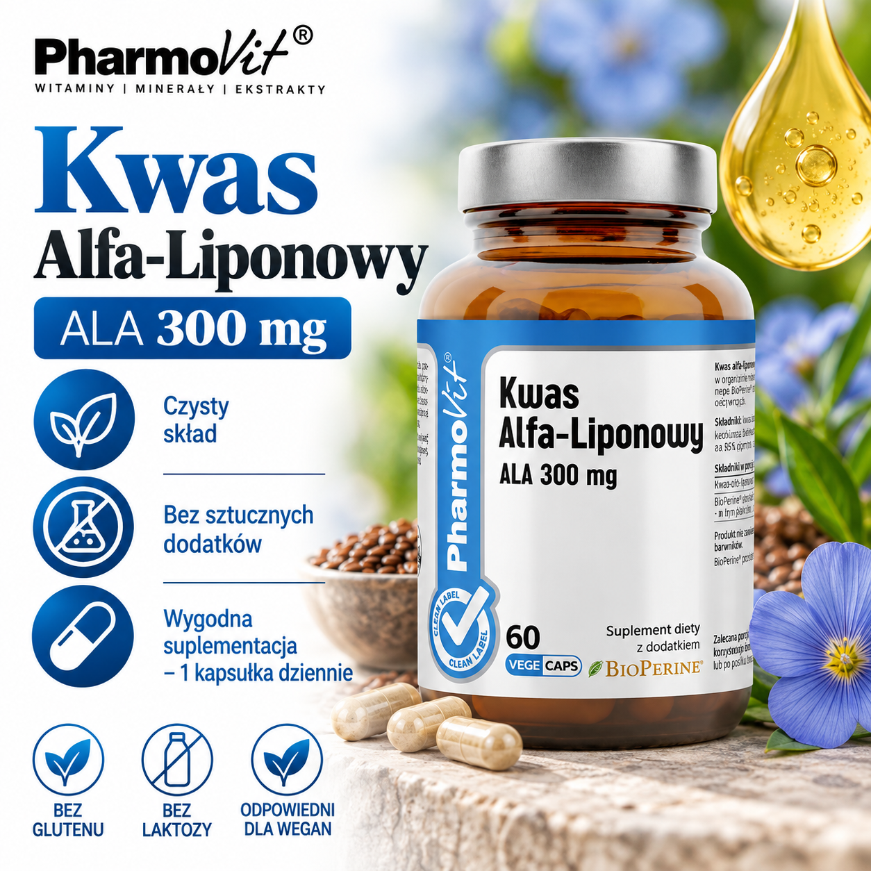PharmoVit Kwas Alfa-Liponowy ALA 300 mg – suplement diety, 60 kapsułek wegańskich, zawierający kwas alfa-liponowy z dodatkiem BioPerine®.