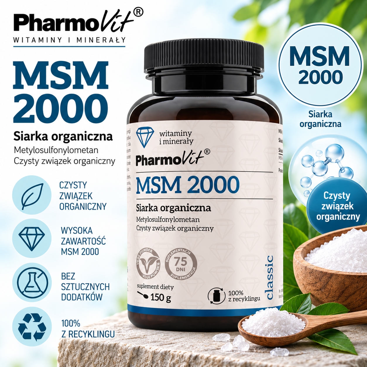 PharmoVit MSM 2000 – suplement diety w proszku, 150 g, zawierający metylosulfonylometan (MSM), źródło siarki organicznej.
