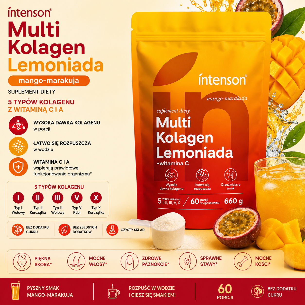 Multi Kolagen Lemoniada Intenson Mango-Marakuja 660 g – suplement diety zawierający 5 typów kolagenu oraz witaminy C i A, bez dodatku cukru.
