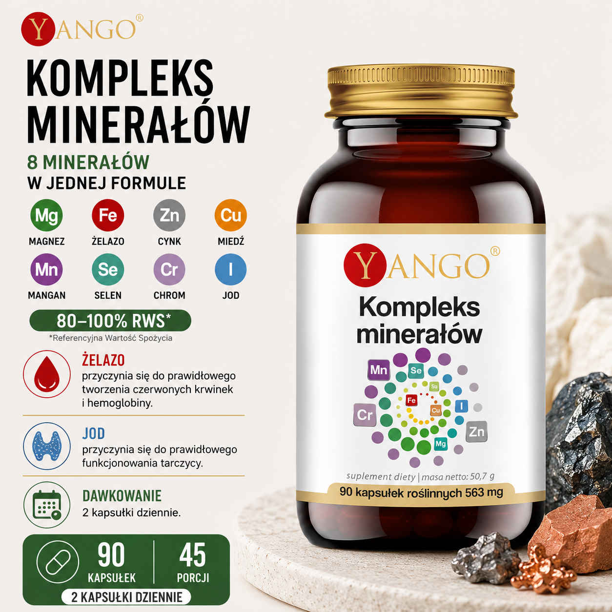 Butelka suplementu diety "Kompleks minerałów" Yango, opisująca składniki mineralne i zalecane dawkowanie na jasnym tle z kawałkami minerałów.