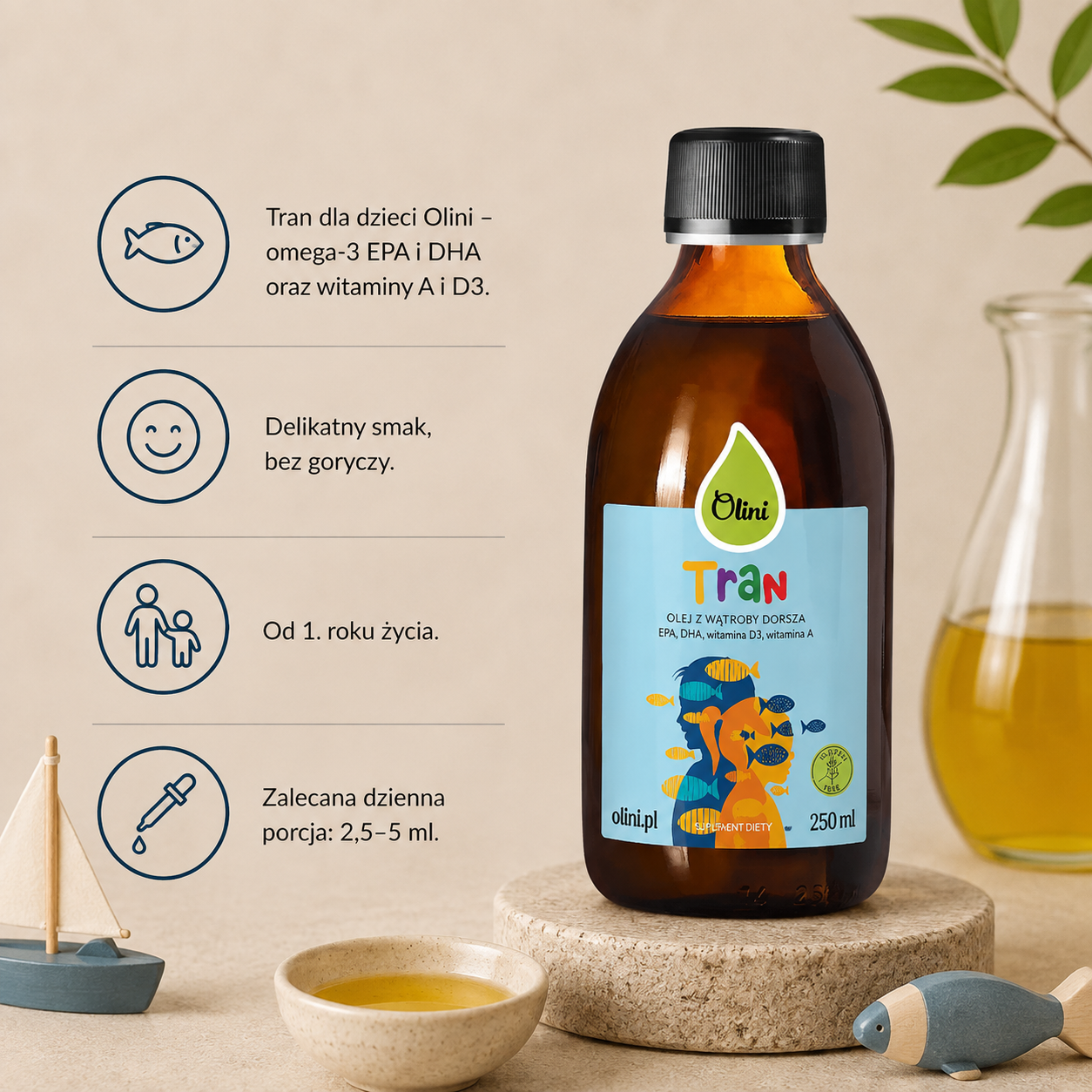 Tran dla dzieci Olini 250 ml – olej z wątroby dorsza z kwasami omega-3 EPA i DHA oraz witaminami A i D3, dla dzieci od 1. roku życia.