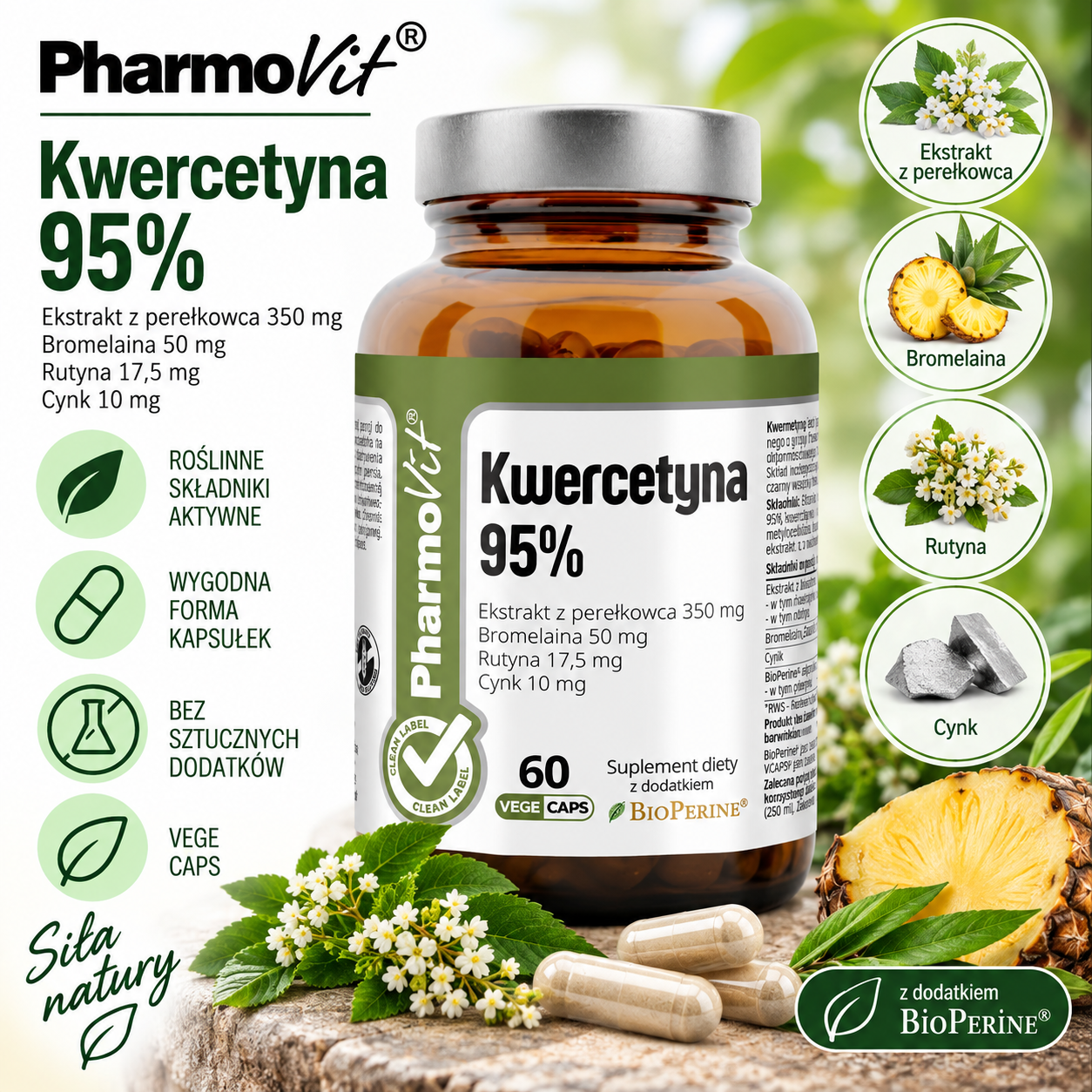 PharmoVit Kwercetyna 95% – suplement diety, 60 kapsułek wegańskich, z ekstraktem z perełkowca, bromelainą, rutyną, cynkiem i BioPerine®.