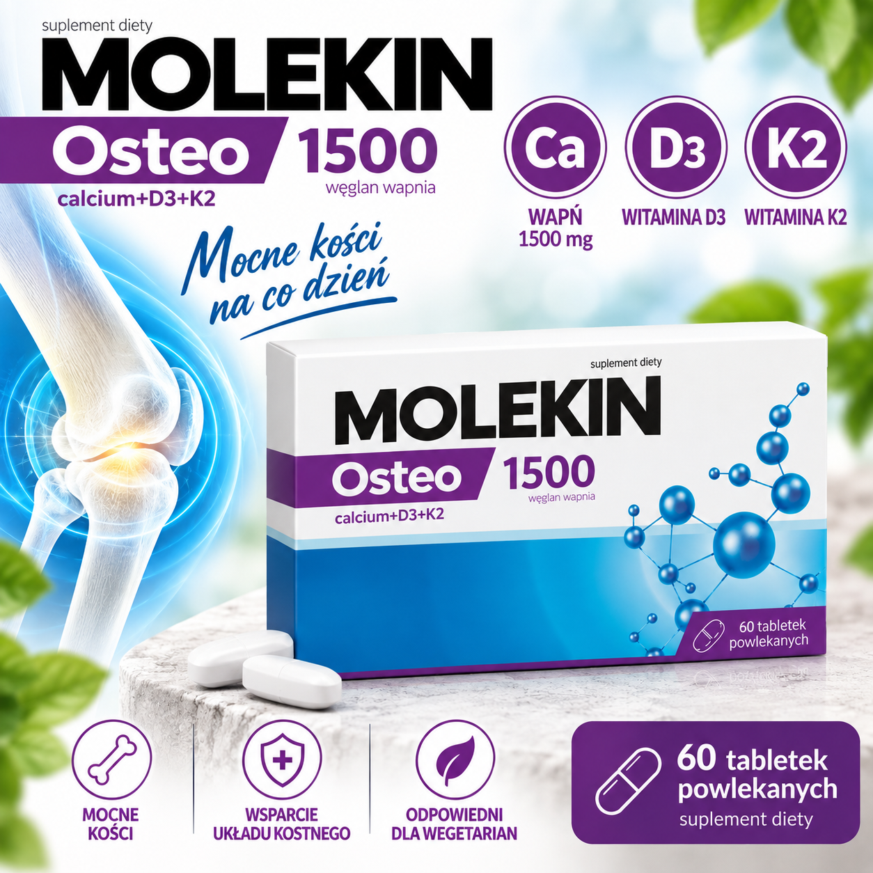 Molekin Osteo 1500 – suplement diety, 60 tabletek powlekanych, zawierający wapń w postaci węglanu wapnia oraz witaminy D3 i K2.