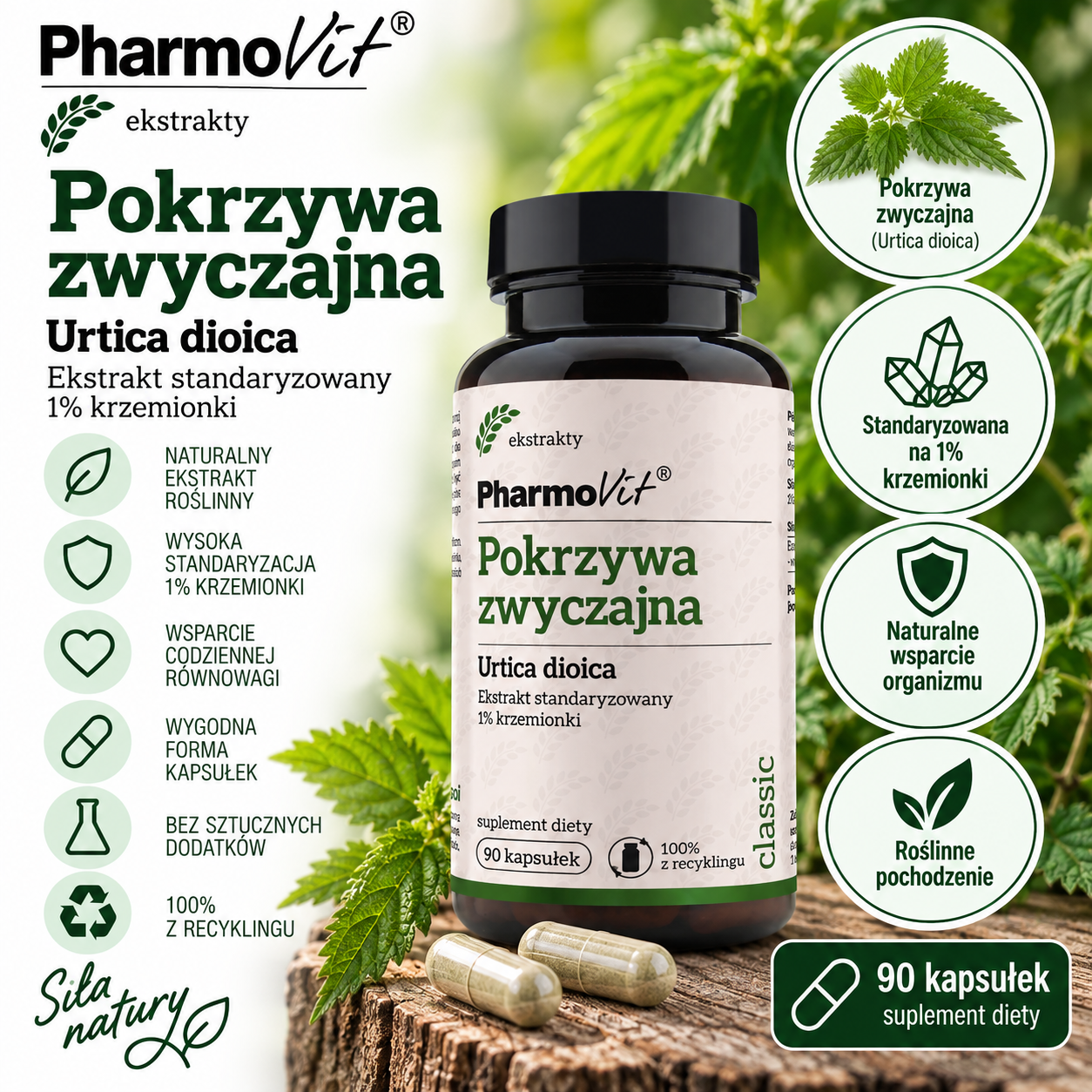PharmoVit Pokrzywa zwyczajna – suplement diety, 90 kapsułek, zawierający ekstrakt z pokrzywy zwyczajnej (Urtica dioica) standaryzowany na 1% krzemionki.