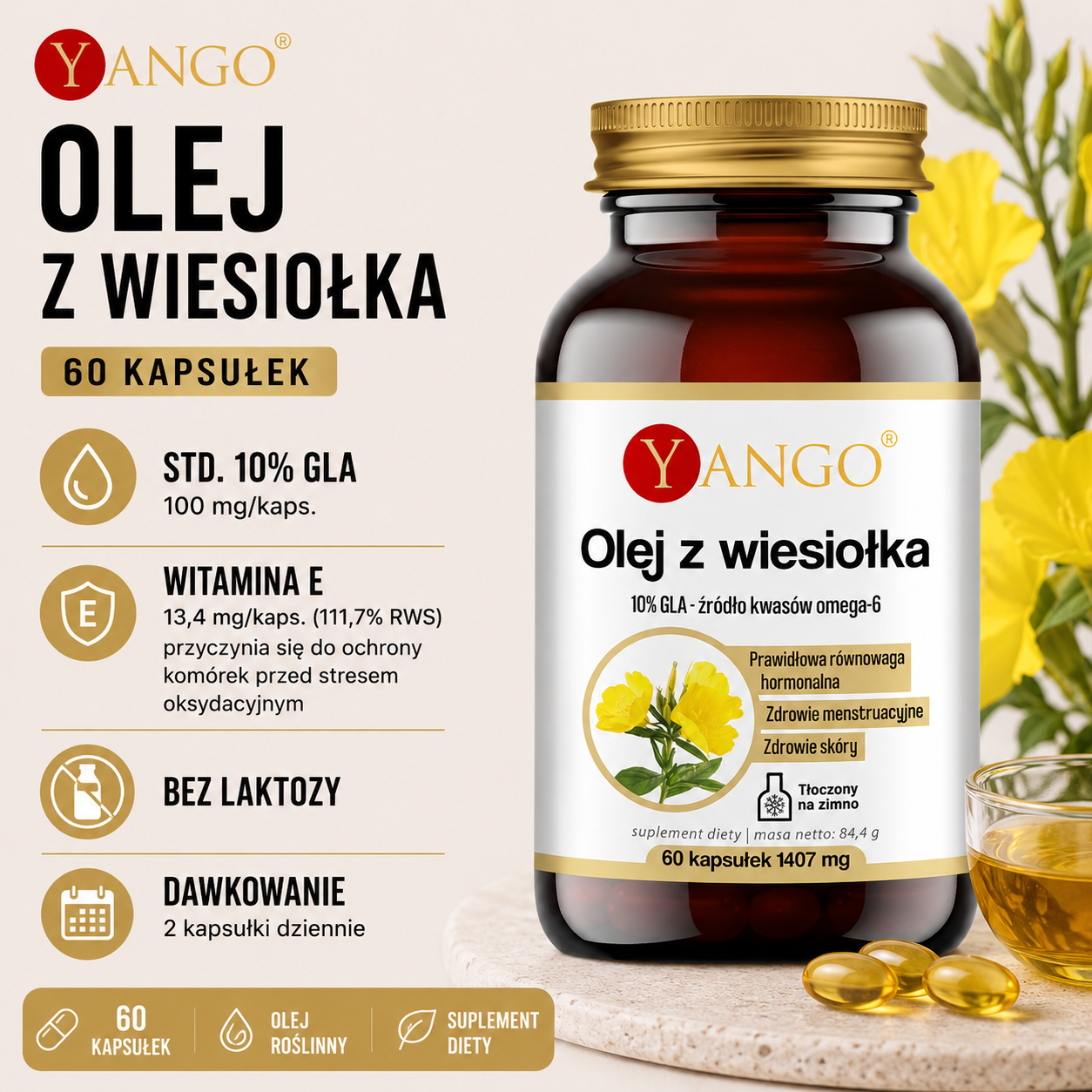 Butelka oleju z wiesiołka marki Yango z 60 kapsułkami. Zawiera 10% GLA, witaminę E, jest bez laktozy. Zalecane dawkowanie: 2 kapsułki dziennie.
