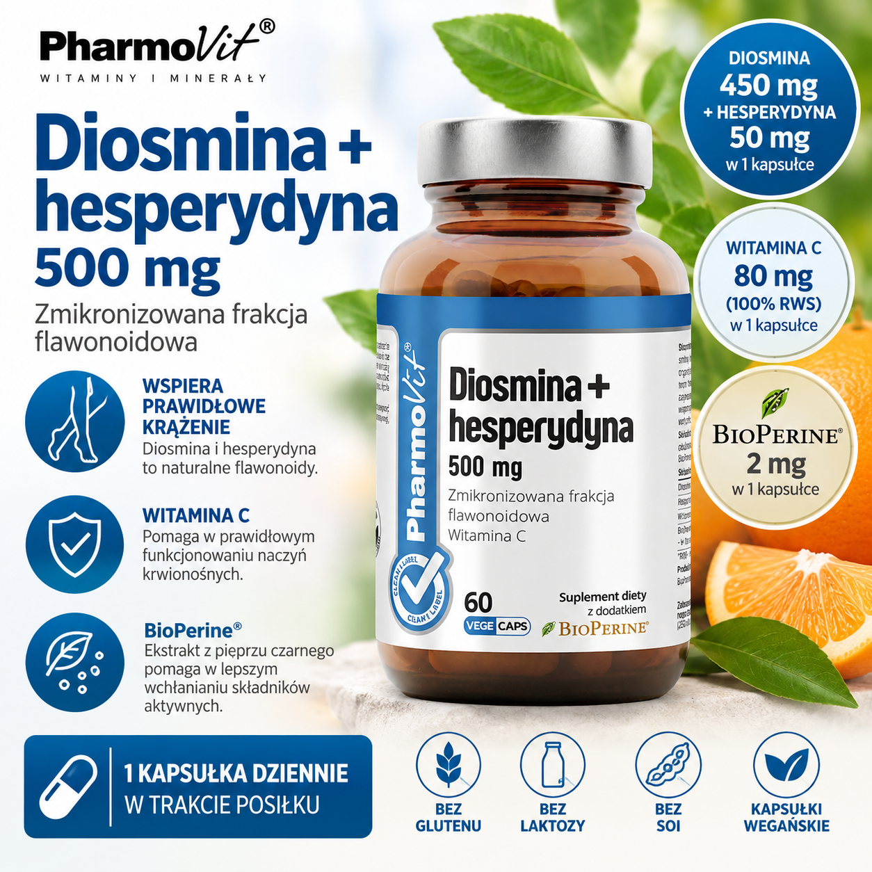 PharmoVit Diosmina + Hesperydyna 500 mg – suplement diety, 60 kapsułek wegańskich, z diosminą 450 mg, hesperydyną 50 mg, witaminą C i BioPerine®.
