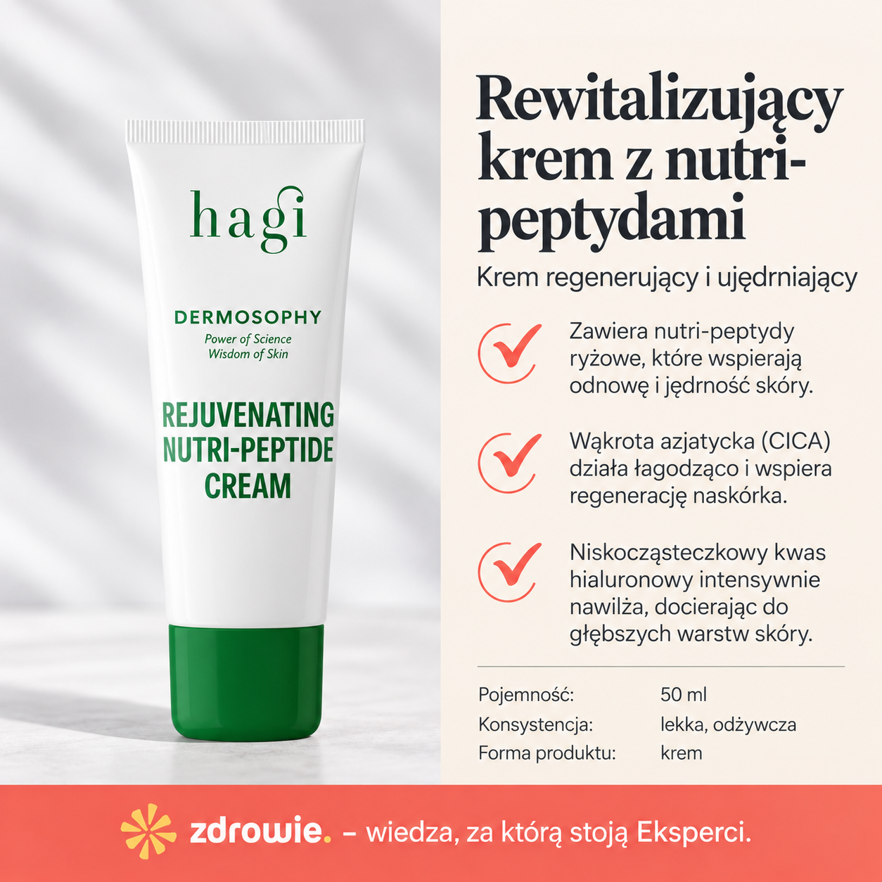 Grafika produktowa kremu Hagi Dermosophy Rejuvenating Nutri-Peptide Cream 50 ml. Po lewej stronie widoczna stojąca biała tubka z zieloną zakrętką, a po prawej informacje o właściwościach kremu: nutri-peptydach ryżowych, wąkrocie azjatyckiej CICA i kwasie hialuronowym. Na dole znajduje się specyfikacja produktu oraz pasek z logo zdrowie.