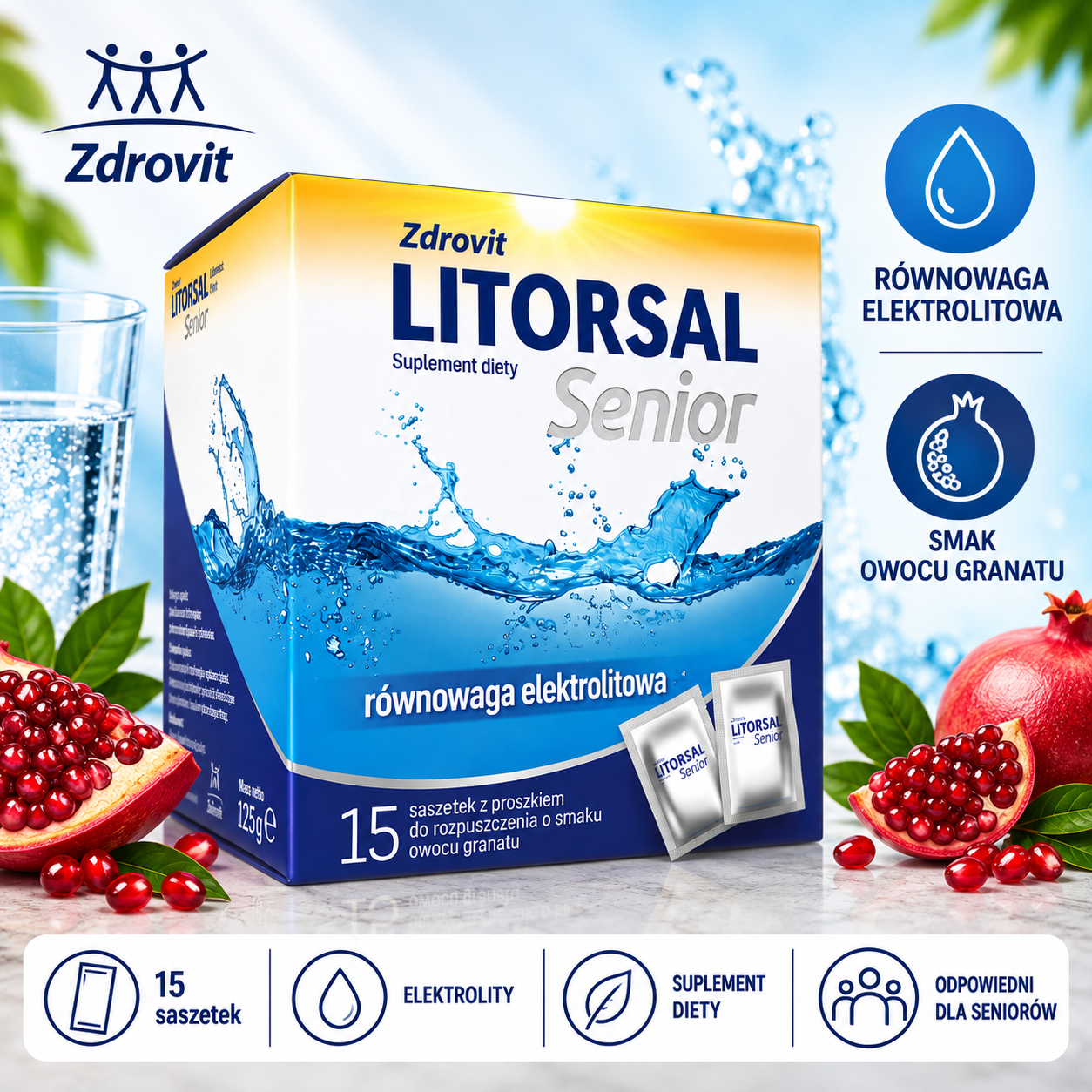 Zdrovit Litorsal Senior – suplement diety, 15 saszetek z proszkiem do rozpuszczania o smaku owocu granatu, zawierający elektrolity.