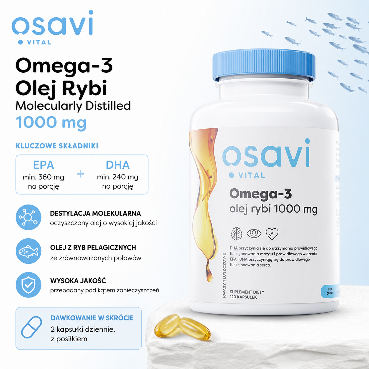 Osavi Omega-3 Olej Rybi Molecularly Distilled 1000 mg – suplement diety, 120 kapsułek, EPA min. 360 mg i DHA min. 240 mg w porcji, olej z ryb pelagicznych poddany destylacji molekularnej.