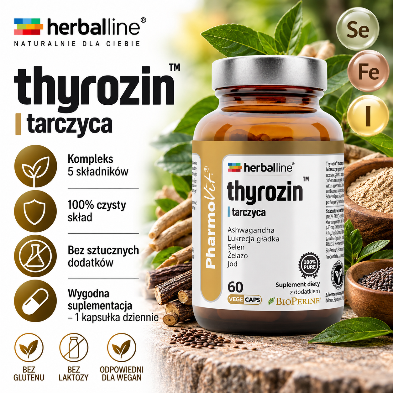 PharmoVit Herballine Thyrozin™ Tarczyca – suplement diety, 60 kapsułek wegańskich, zawierający ashwagandhę, lukrecję, selen, żelazo i jod.