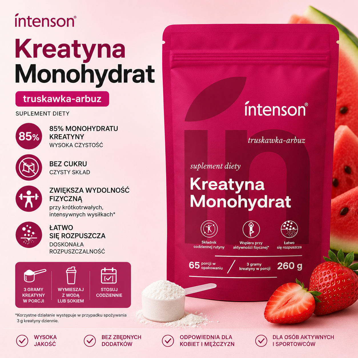 Kreatyna Monohydrat Intenson truskawka-arbuz 260 g – suplement diety zawierający 85% monohydratu kreatyny, bez cukru, 3 g kreatyny w porcji.