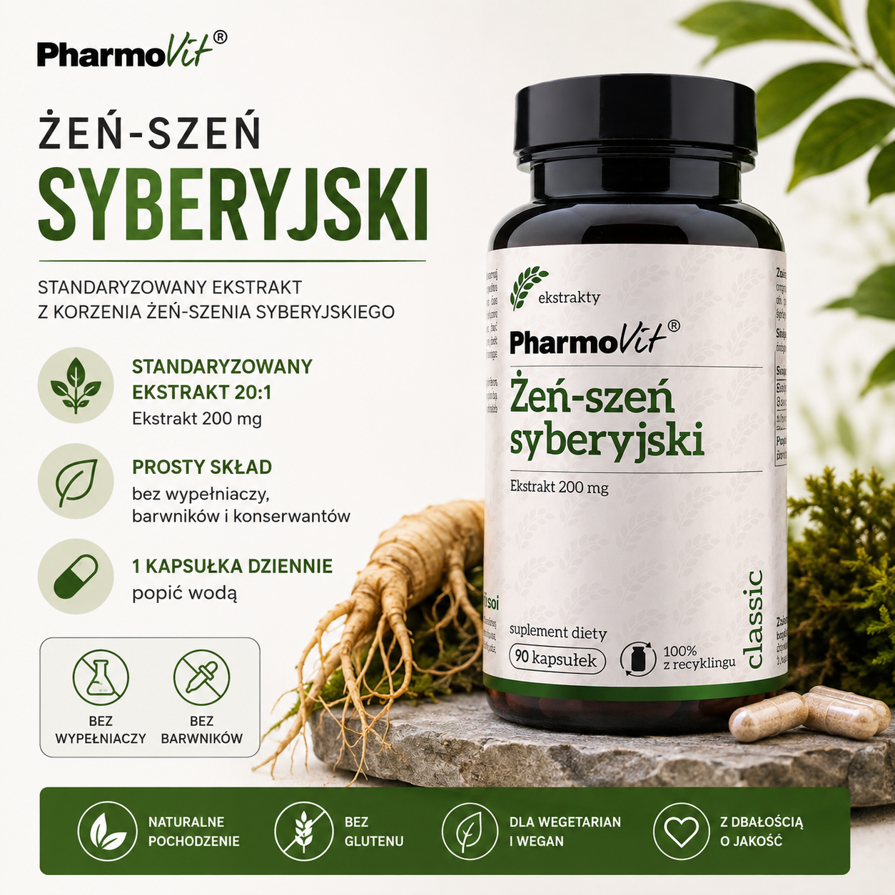 PharmoVit Żeń-szeń syberyjski 200 mg – suplement diety, 90 kapsułek, zawierający standaryzowany ekstrakt 20:1 z korzenia żeń-szenia syberyjskiego.