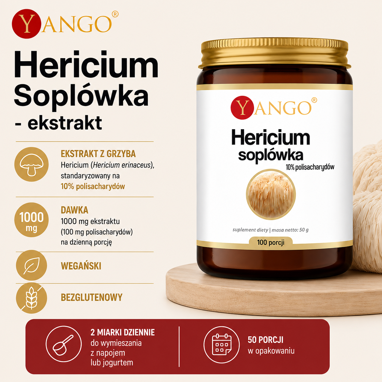 Słoik z ekstraktem grzyba Hericium soplówka marki Yango, zawiera 1000 mg na porcję, wegański, bezglutenowy.