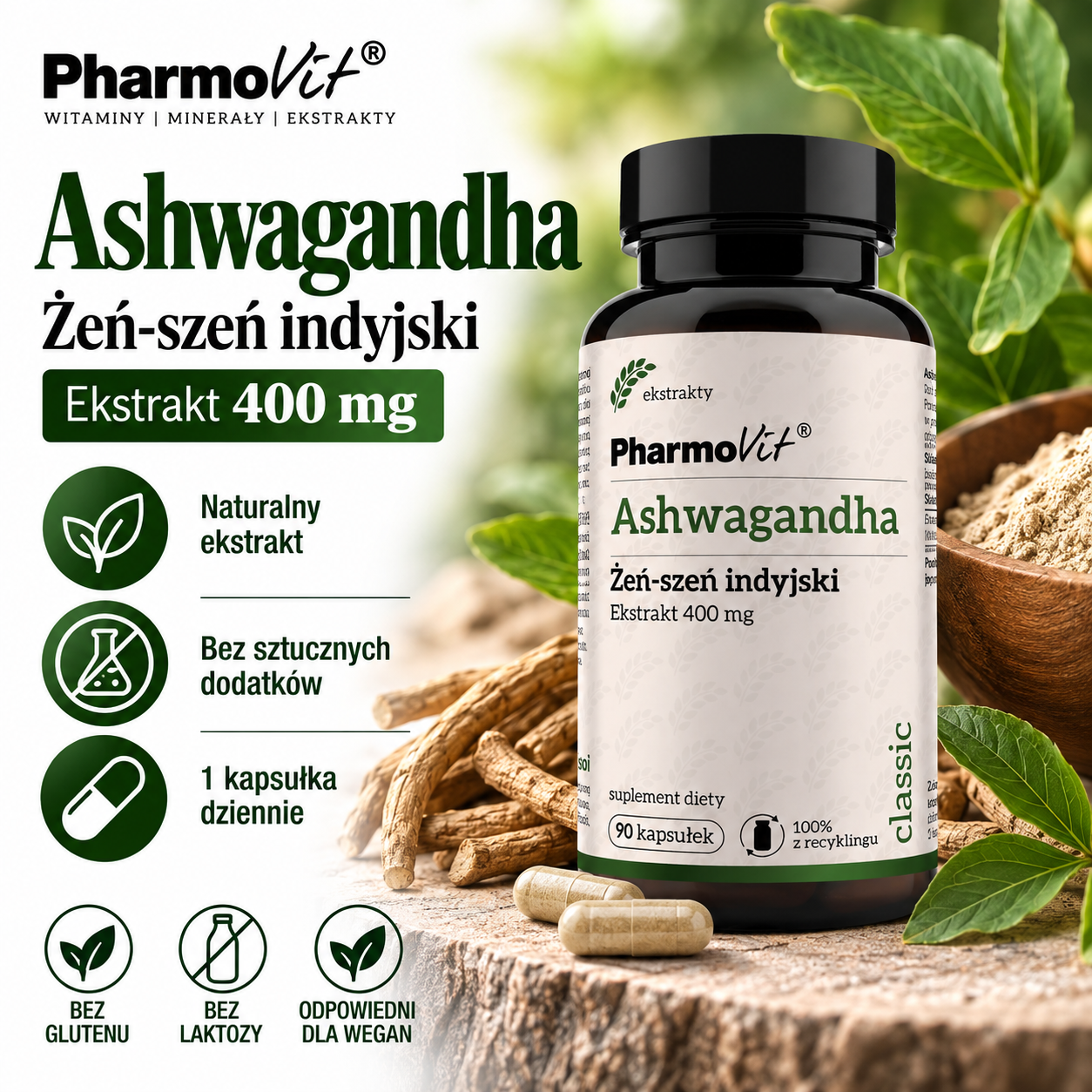 PharmoVit Ashwagandha Żeń-szeń indyjski – suplement diety, 90 kapsułek, zawierający 400 mg ekstraktu z ashwagandhy w kapsułce.