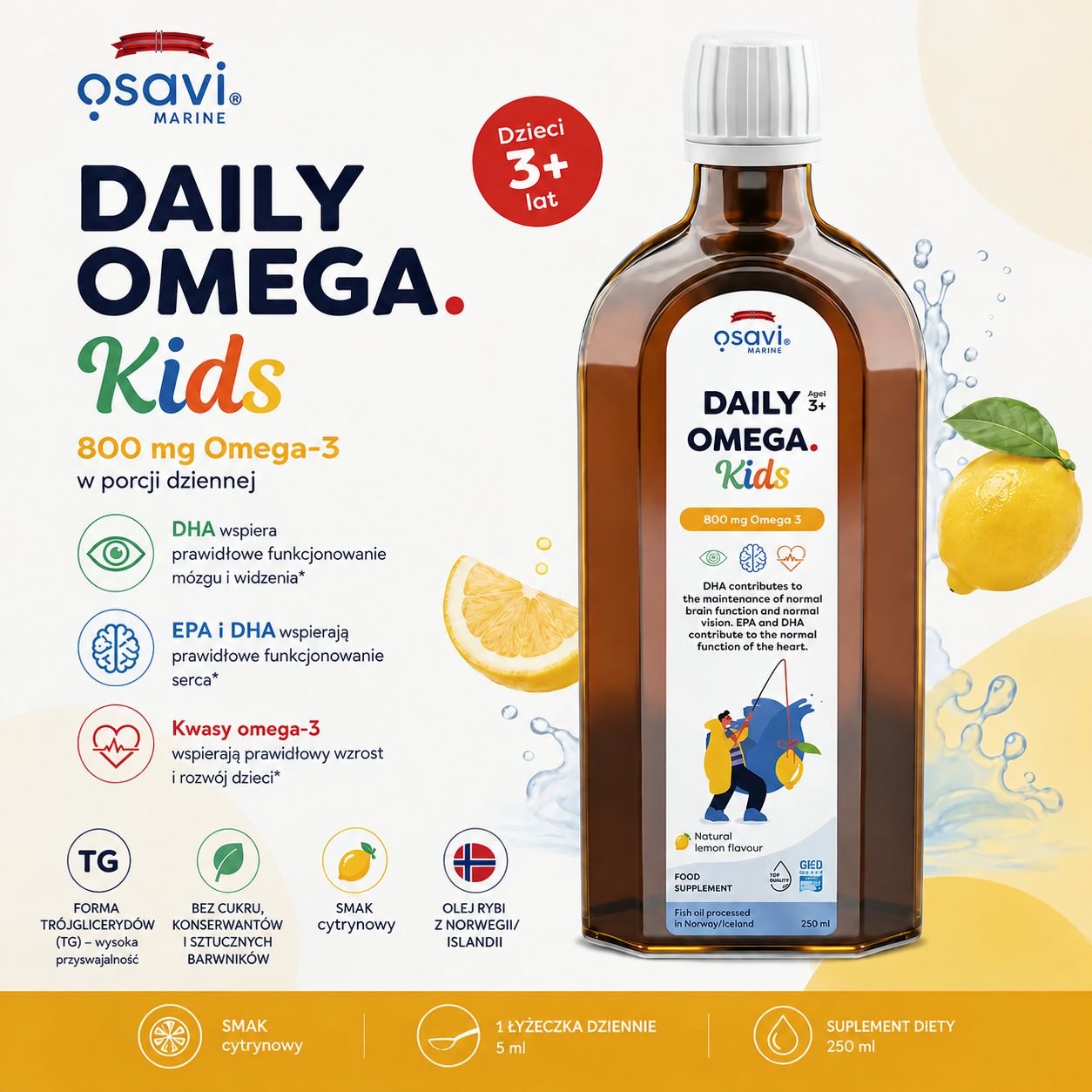 Osavi Daily Omega Kids 800 mg Omega-3 – suplement diety dla dzieci od 3. roku życia, 250 ml, z DHA i EPA w formie trójglicerydów, o naturalnym smaku cytrynowym.