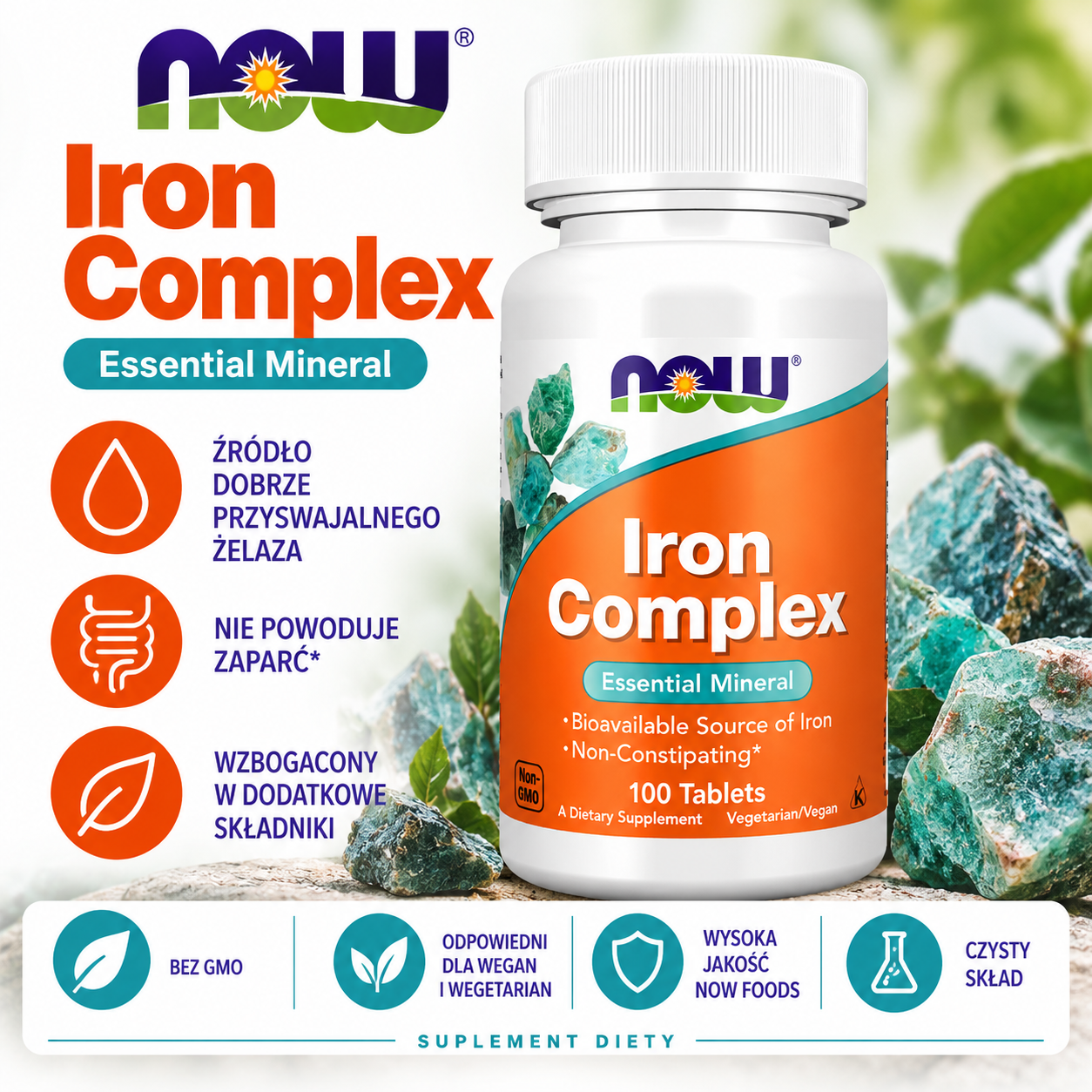 NOW Foods Iron Complex – suplement diety, 100 tabletek, kompleks zawierający żelazo, odpowiedni dla wegan i wegetarian.