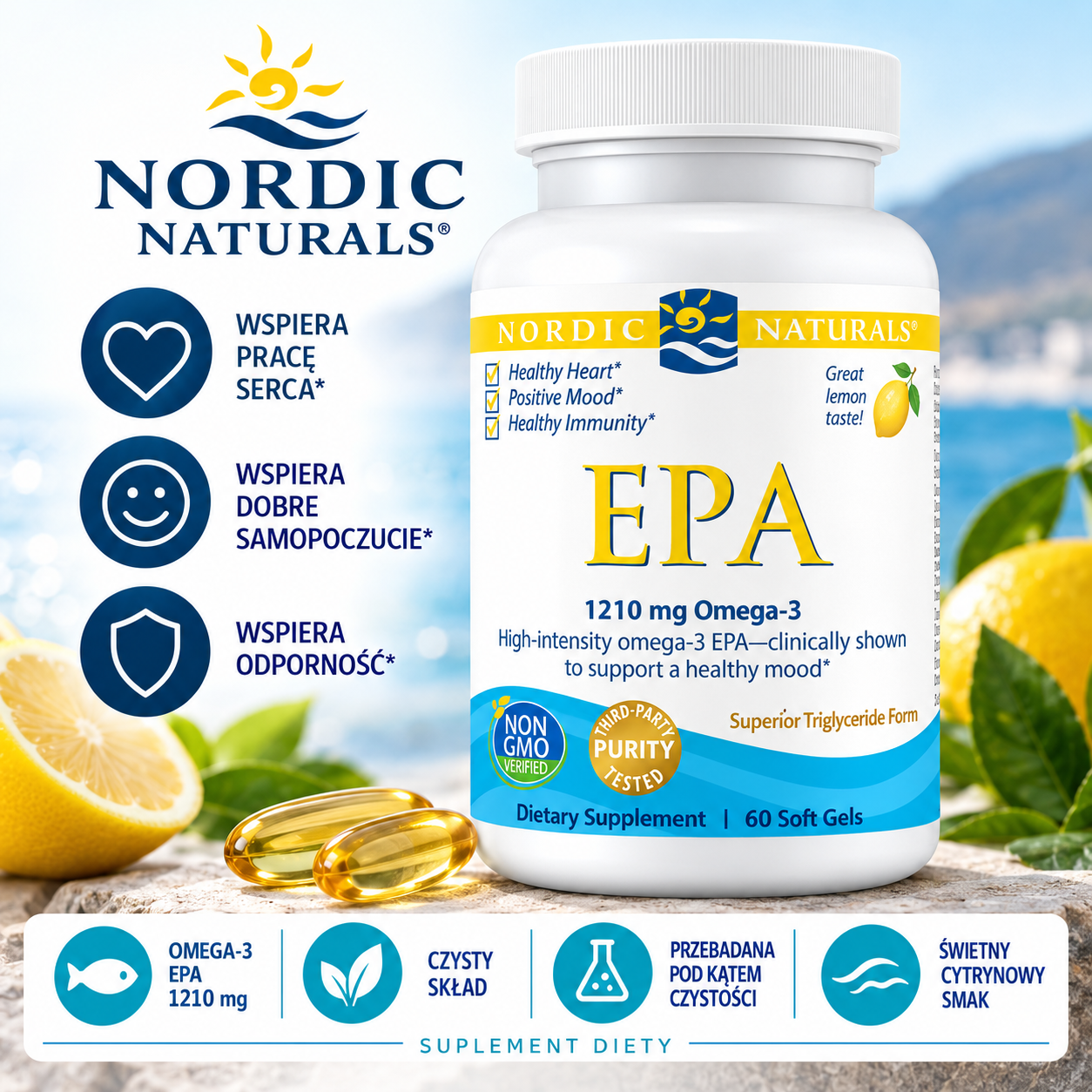 Nordic Naturals EPA – suplement diety, 60 kapsułek softgel, zawierający 1210 mg kwasów omega-3, o cytrynowym smaku.
