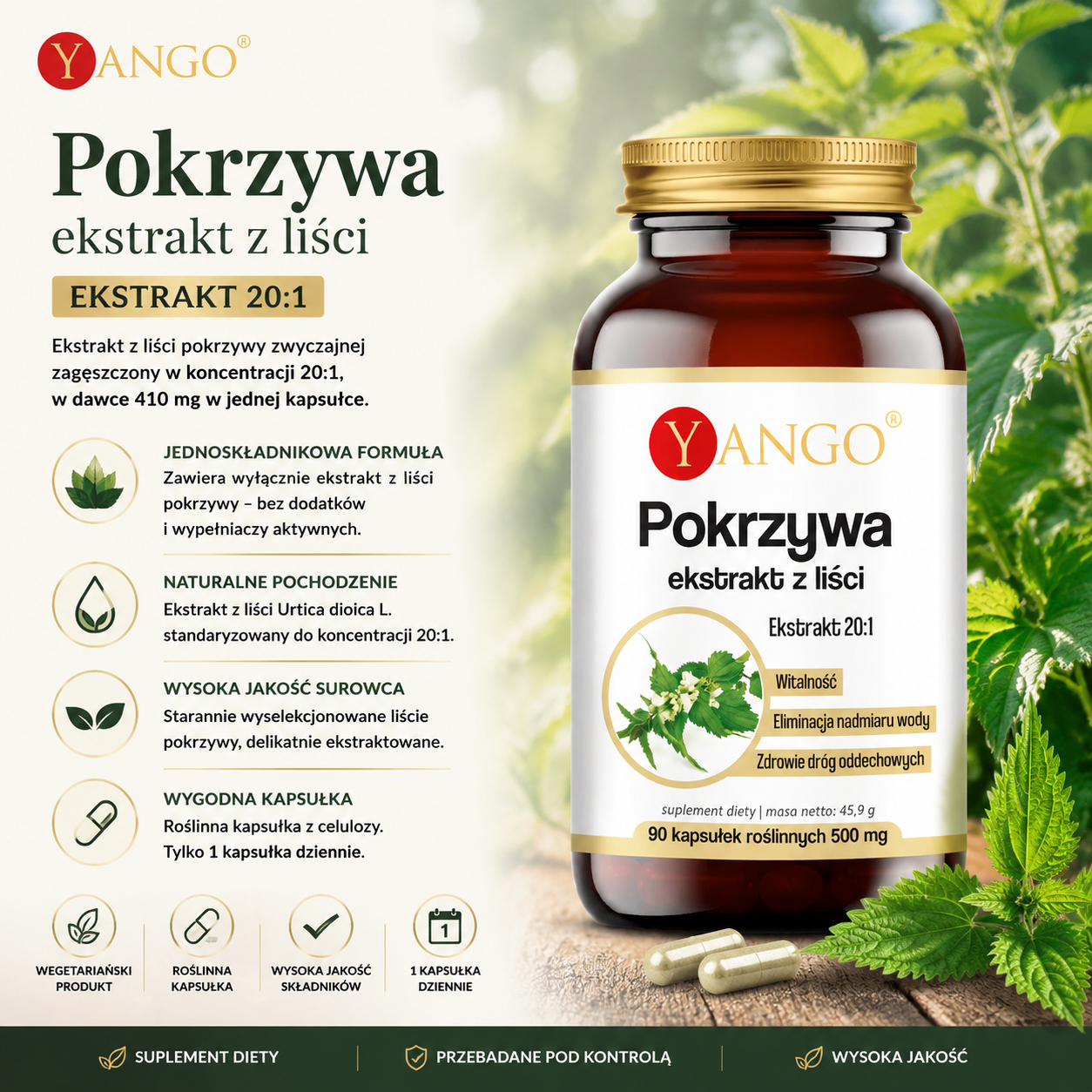 Butelka suplementu diety Yango z ekstraktem z liści pokrzywy, 20:1. Zawartość: 90 kapsułek, 500 mg każda. Widoczne logo i informacje o produkcie.