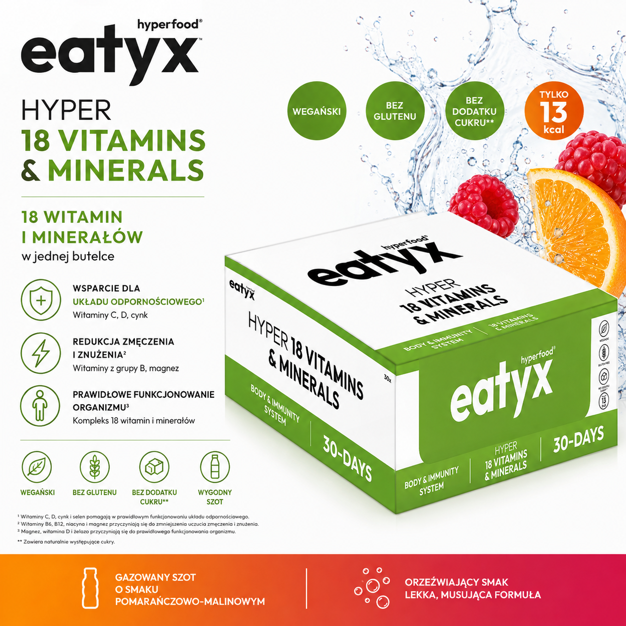 eatyx Hyper 18 Vitamins & Minerals – gazowany suplement witaminowo-mineralny o smaku pomarańczowo-malinowym, 13 kcal.