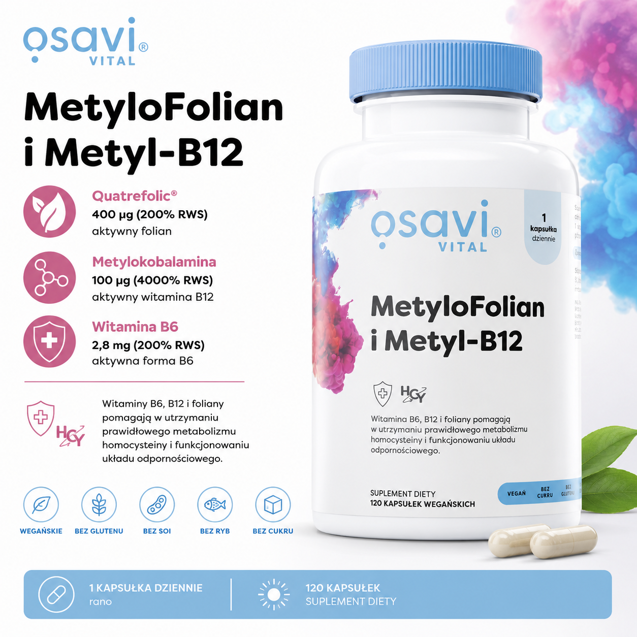 MetyloFolian i Metyl-B12 – suplement diety, 120 kapsułek wegańskich, z aktywnym folianem Quatrefolic®, metylokobalaminą i witaminą B6.
