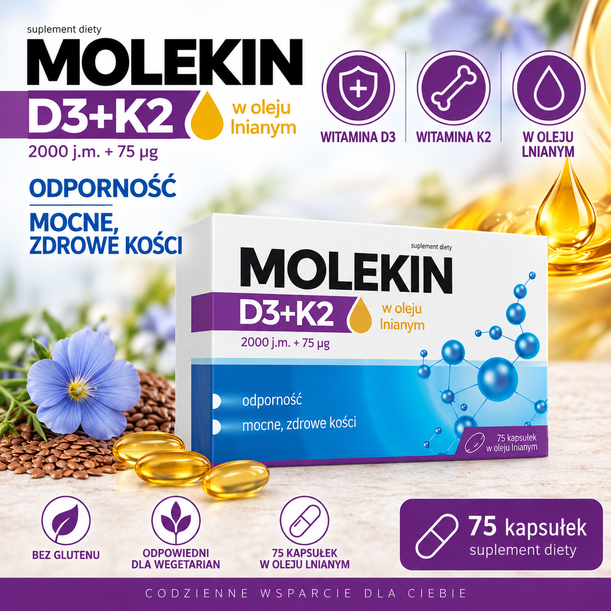 Molekin D3+K2 w oleju lnianym – suplement diety, 75 kapsułek, zawierający witaminę D3 2000 j.m. oraz witaminę K2 75 µg.