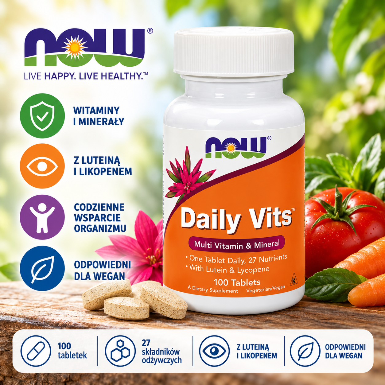NOW Foods Daily Vits – suplement diety, 100 tabletek, kompleks 27 witamin i składników mineralnych z luteiną i likopenem, odpowiedni dla wegan.