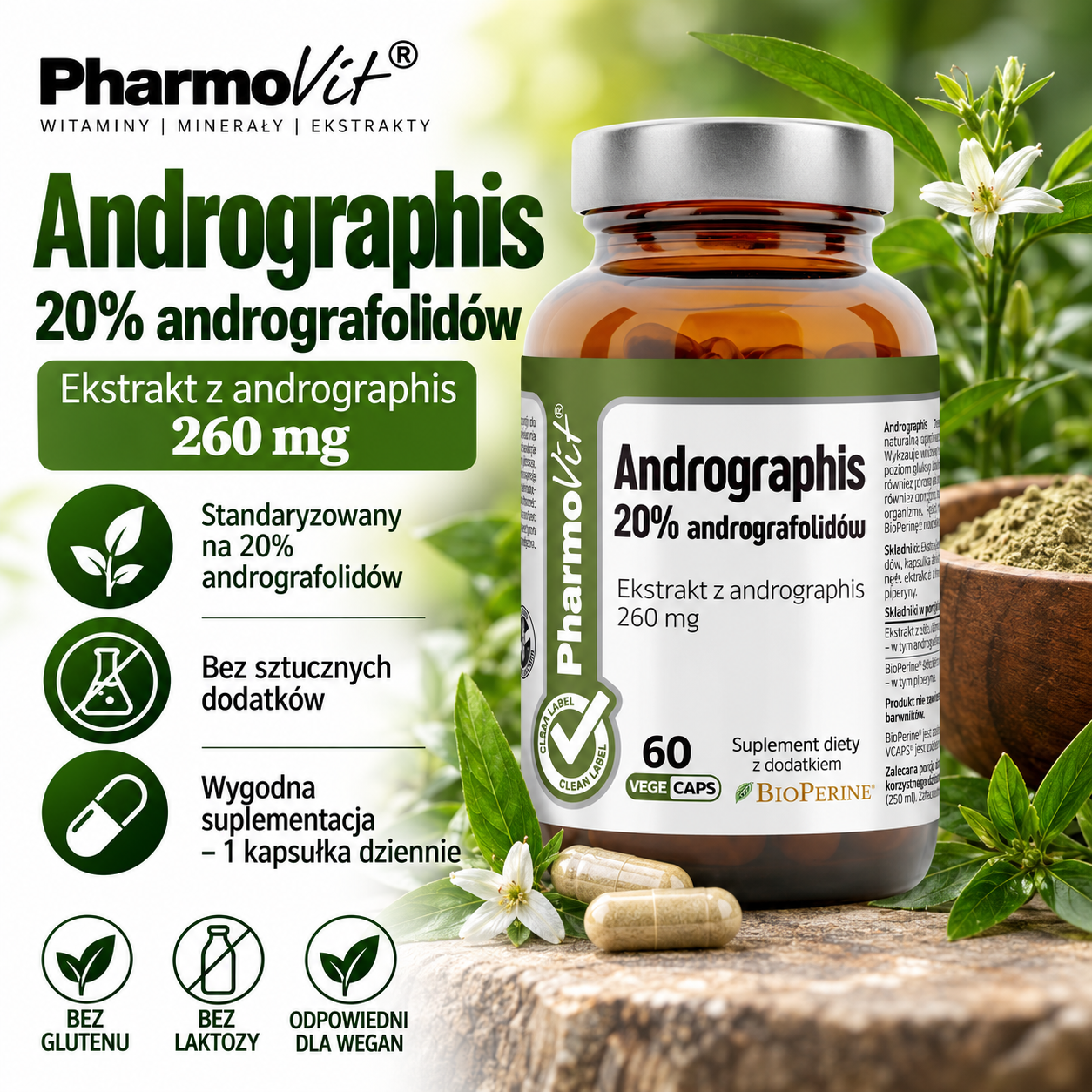 PharmoVit Andrographis – suplement diety, 60 kapsułek wegańskich, zawierający 260 mg ekstraktu standaryzowanego na 20% andrografolidów, z BioPerine®.