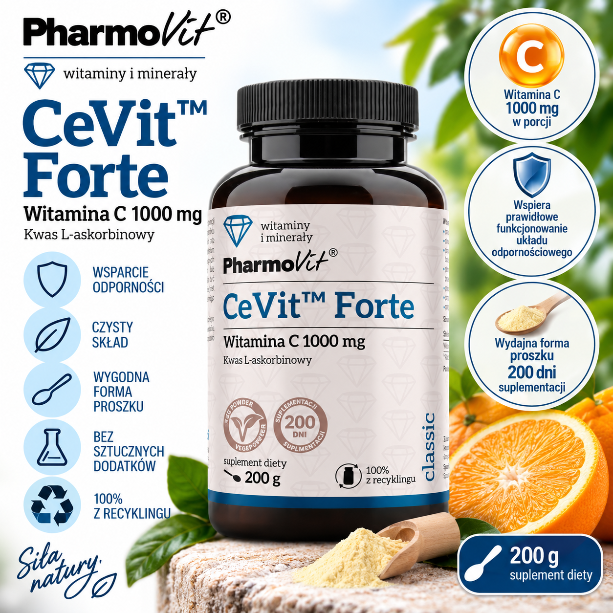 PharmoVit CeVit™ Forte Witamina C 1000 mg – suplement diety w proszku, 200 g, zawierający kwas L-askorbinowy.