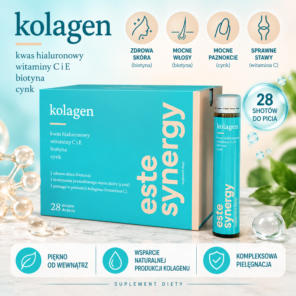 Este Synergy Kolagen – suplement diety, 28 shotów do picia, zawierający kolagen, kwas hialuronowy, witaminy C i E, biotynę oraz cynk.