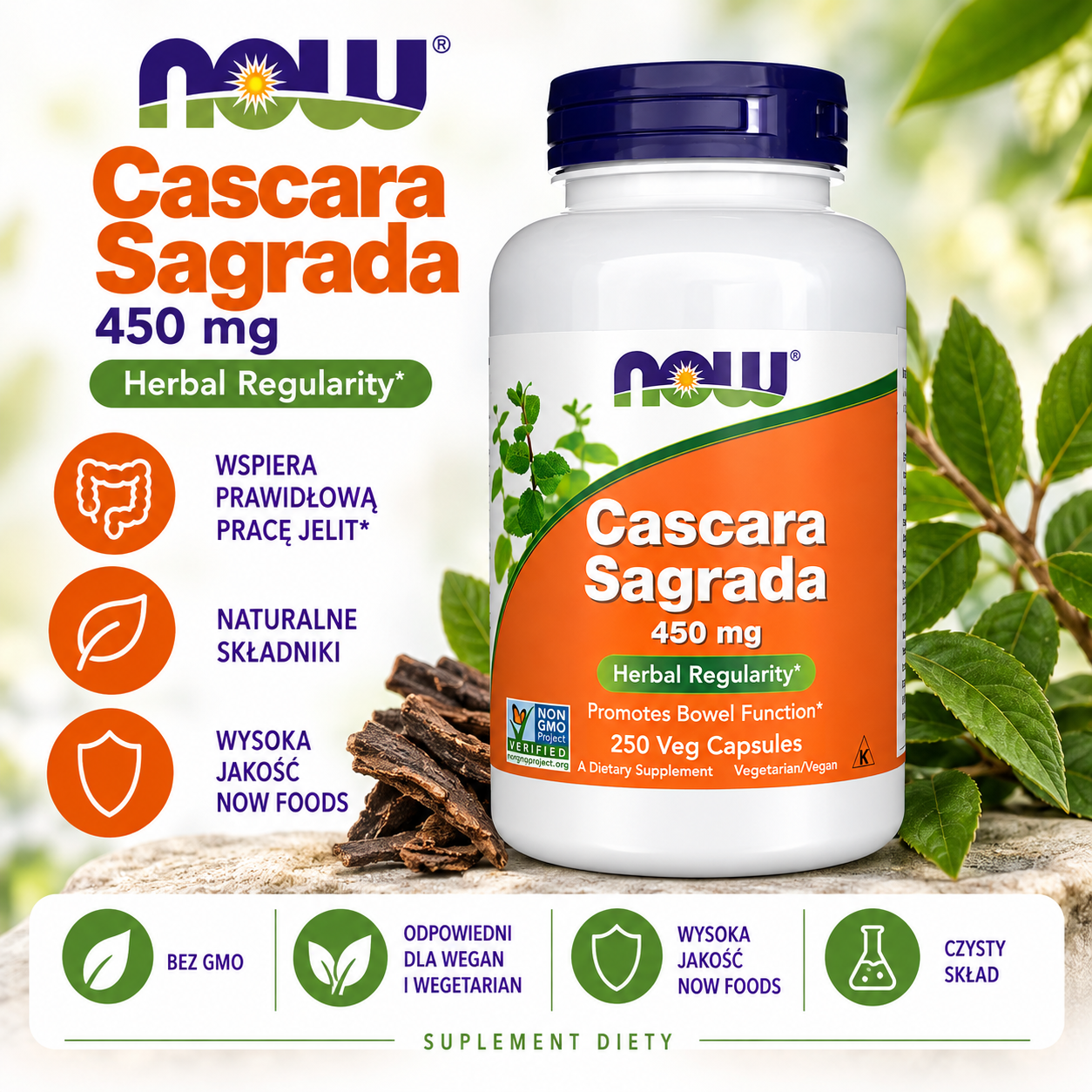 NOW Foods Cascara Sagrada 450 mg – suplement diety, 250 kapsułek roślinnych, zawierający korę cascara sagrada, odpowiedni dla wegan.