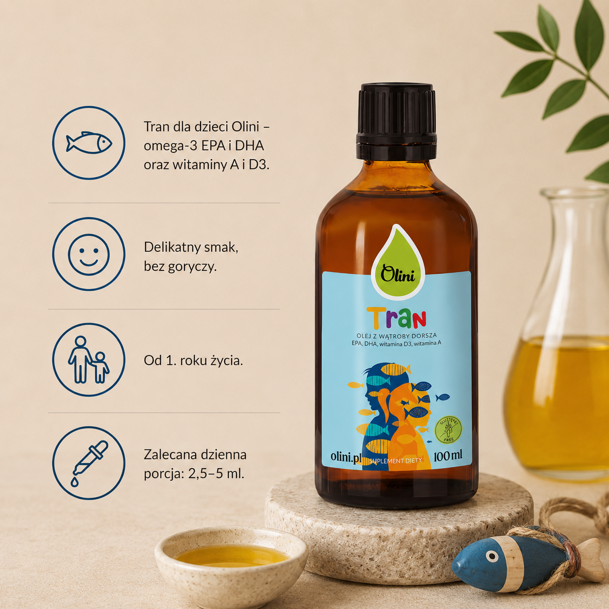 Tran dla dzieci Olini 100 ml – suplement diety z olejem z wątroby dorsza, kwasami omega-3 EPA i DHA oraz witaminami A i D3, dla dzieci od 1. roku życia.