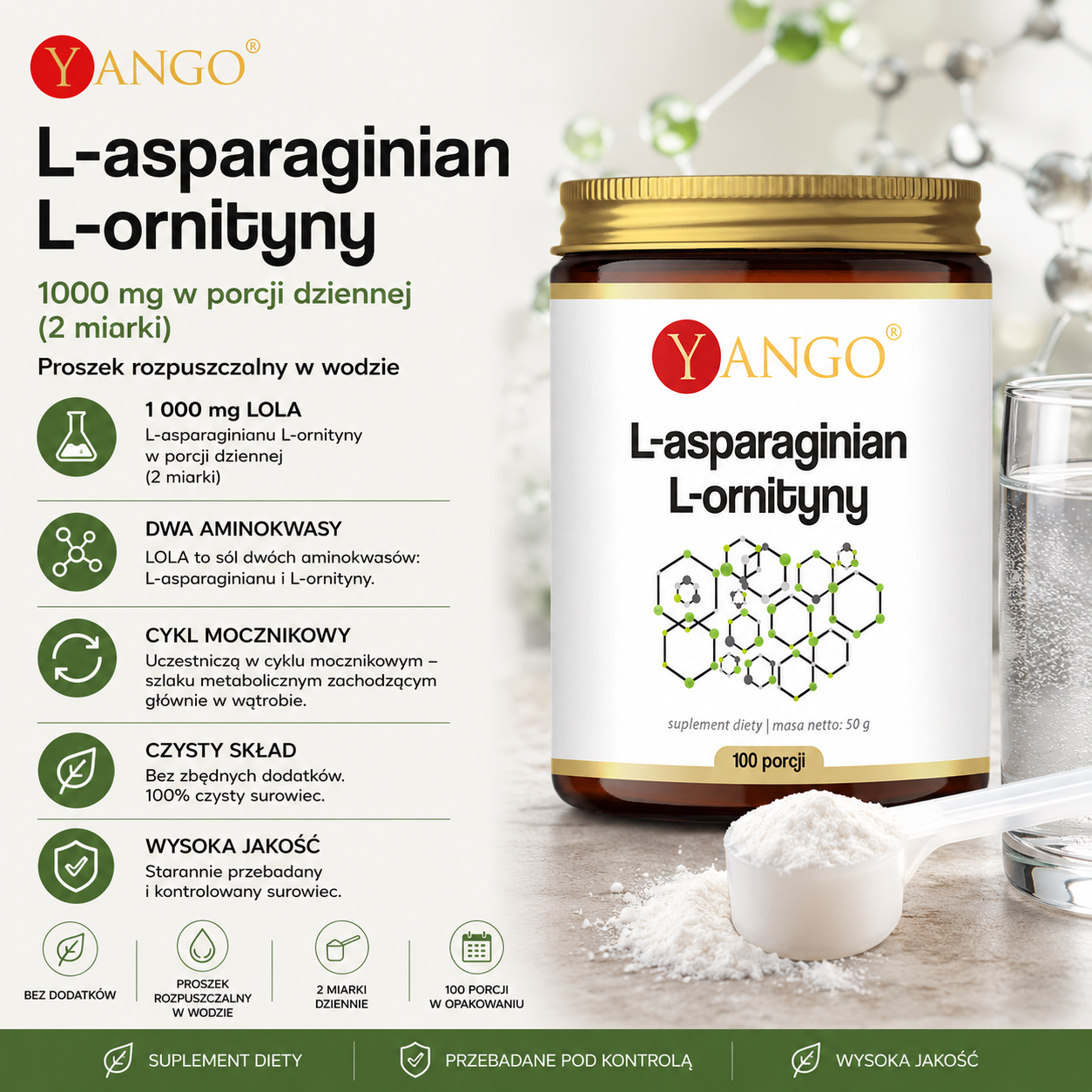 Opakowanie suplementu diety L-asparaginian L-ornityny marki Yango, z miarką proszku i informacjami o składzie oraz zaletach produktu.