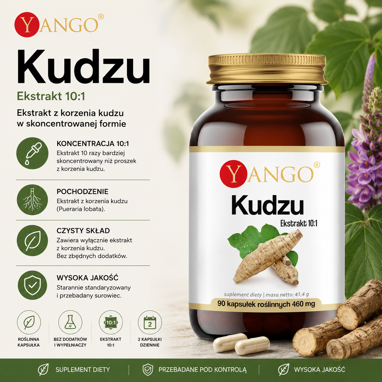 Butelka suplementu diety Kudzu marki Yango, 90 kapsułek roślinnych, ekstrakt z korzenia kudzu 10:1, na tle liści i korzeni rośliny.