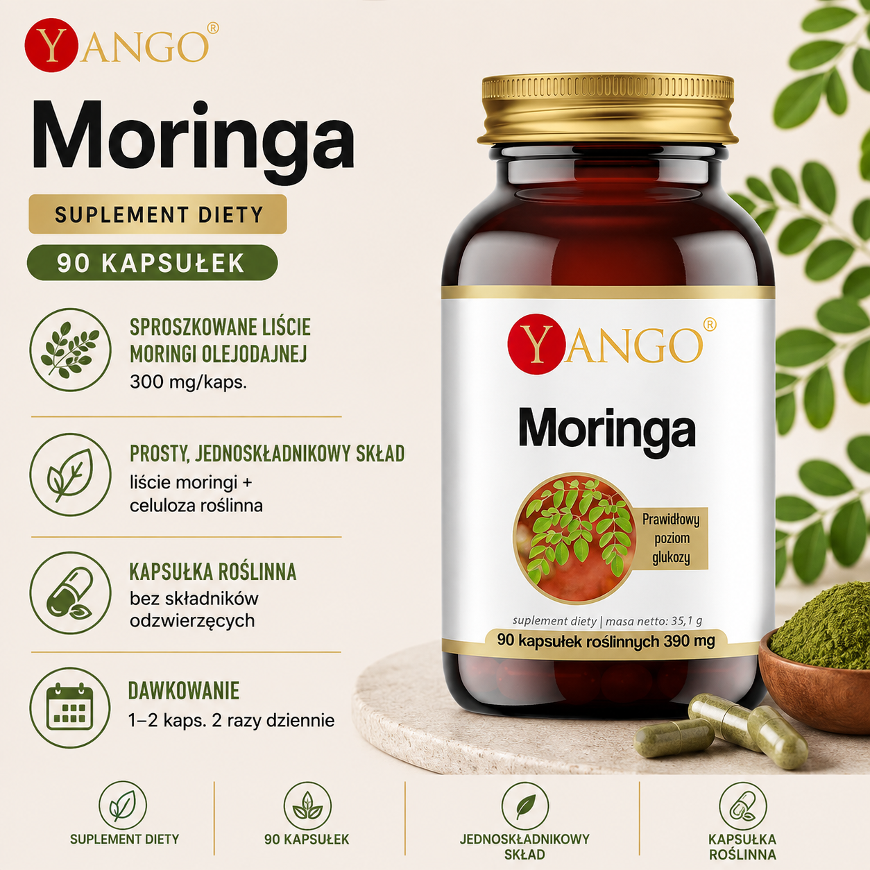 Opakowanie suplementu diety Moringa, 90 kapsułek. Skład: sproszkowane liście moringi. Proste dawkowanie: 1-2 kapsułki 2 razy dziennie.