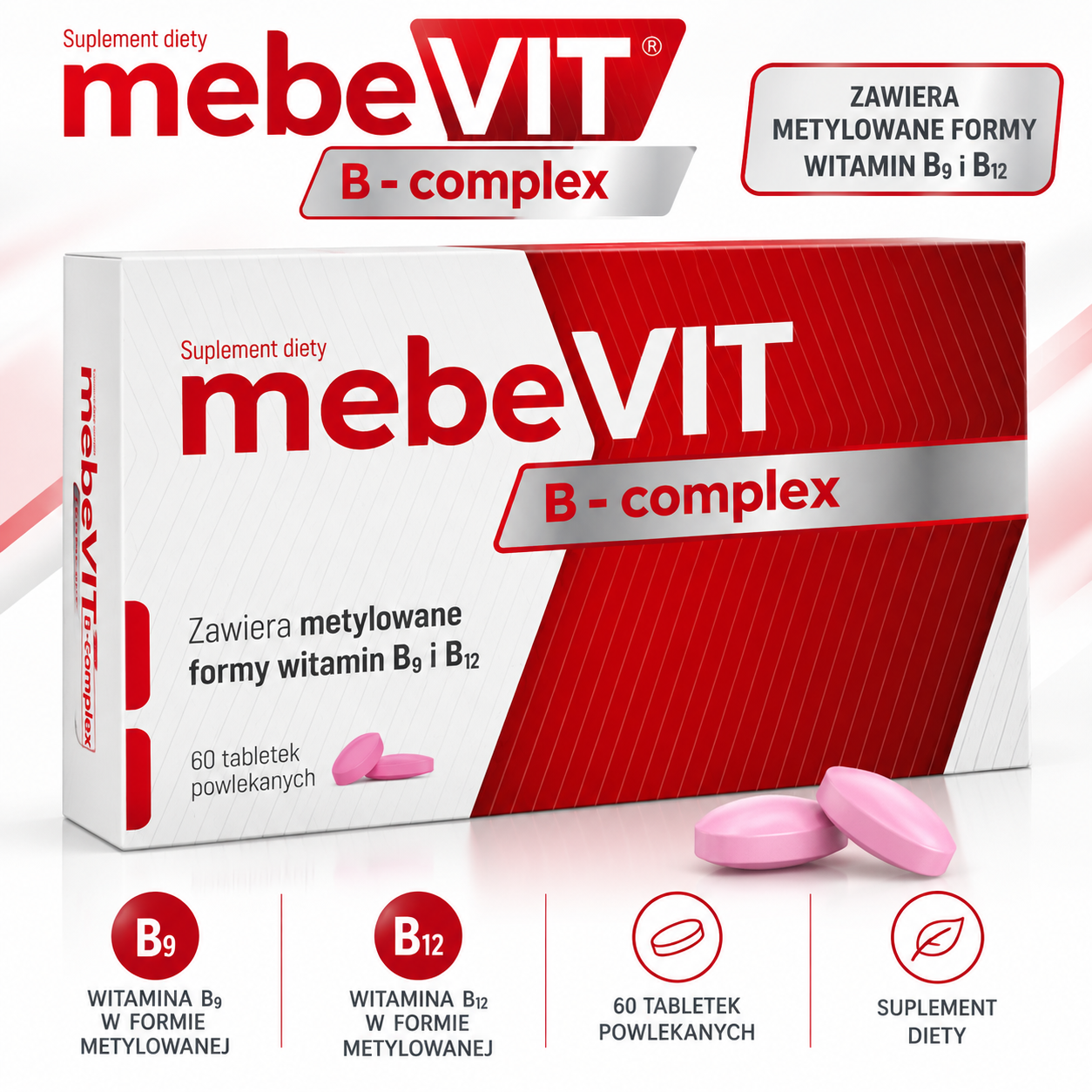 mebeVIT B-complex – suplement diety, 60 tabletek powlekanych, zawierający metylowane formy witamin B9 i B12.