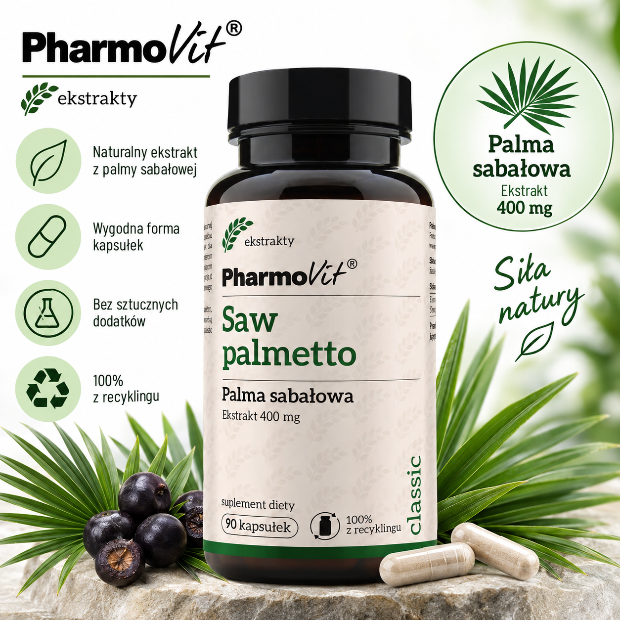 PharmoVit Saw Palmetto Palma sabałowa – suplement diety, 90 kapsułek, zawierający 400 mg ekstraktu z palmy sabałowej.