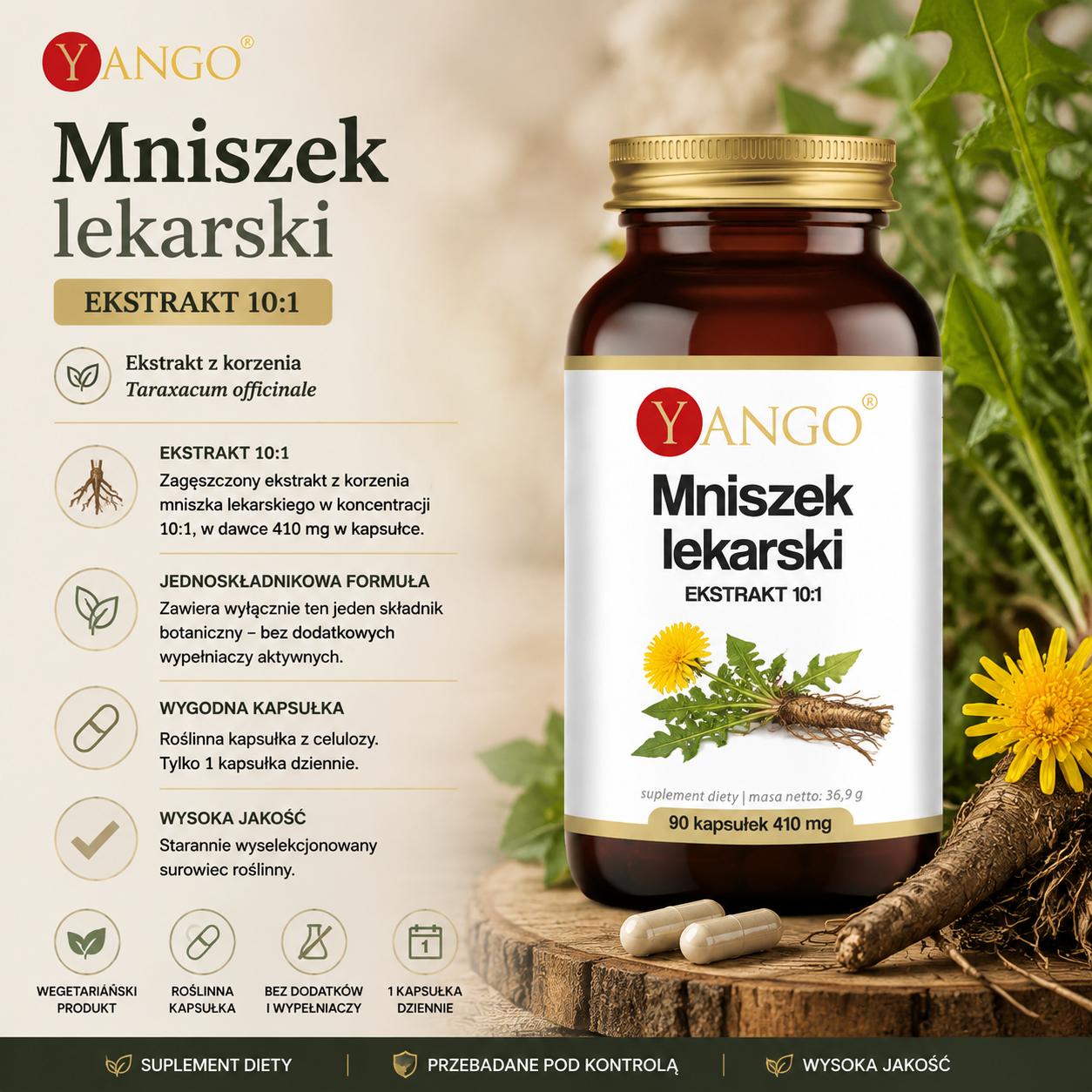 Butelka suplementu diety "Mniszek lekarski" firmy Yango na tle graficznym z informacjami o produkcie, w tym ekstrakt 10:1 i składniki.